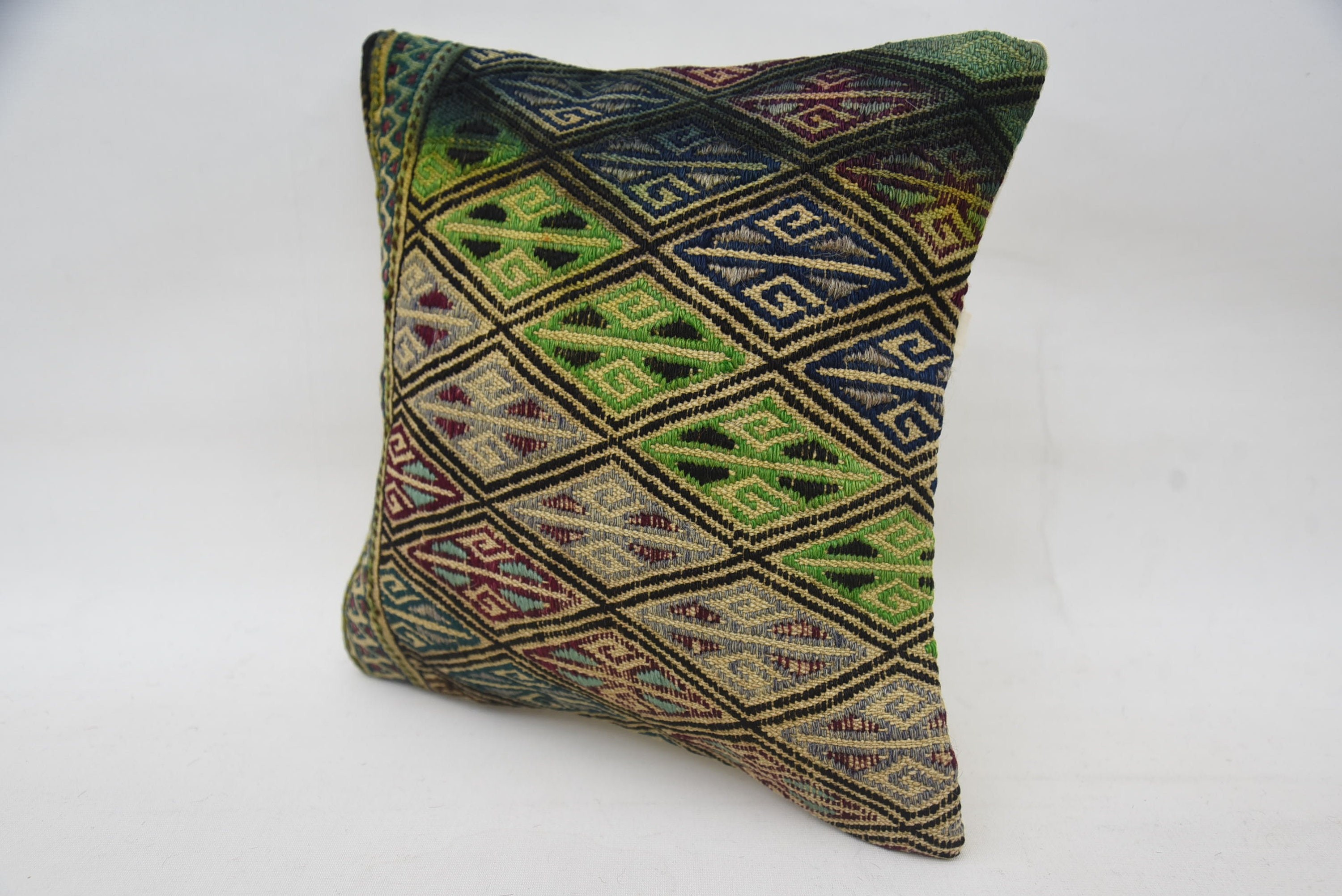 Gift Pillow, Kilim Pillow Cover, Ethnic Pillow Case, Office Chair Pillow Sham, Turkish Pillow, 12"x12" Green Cushion Case