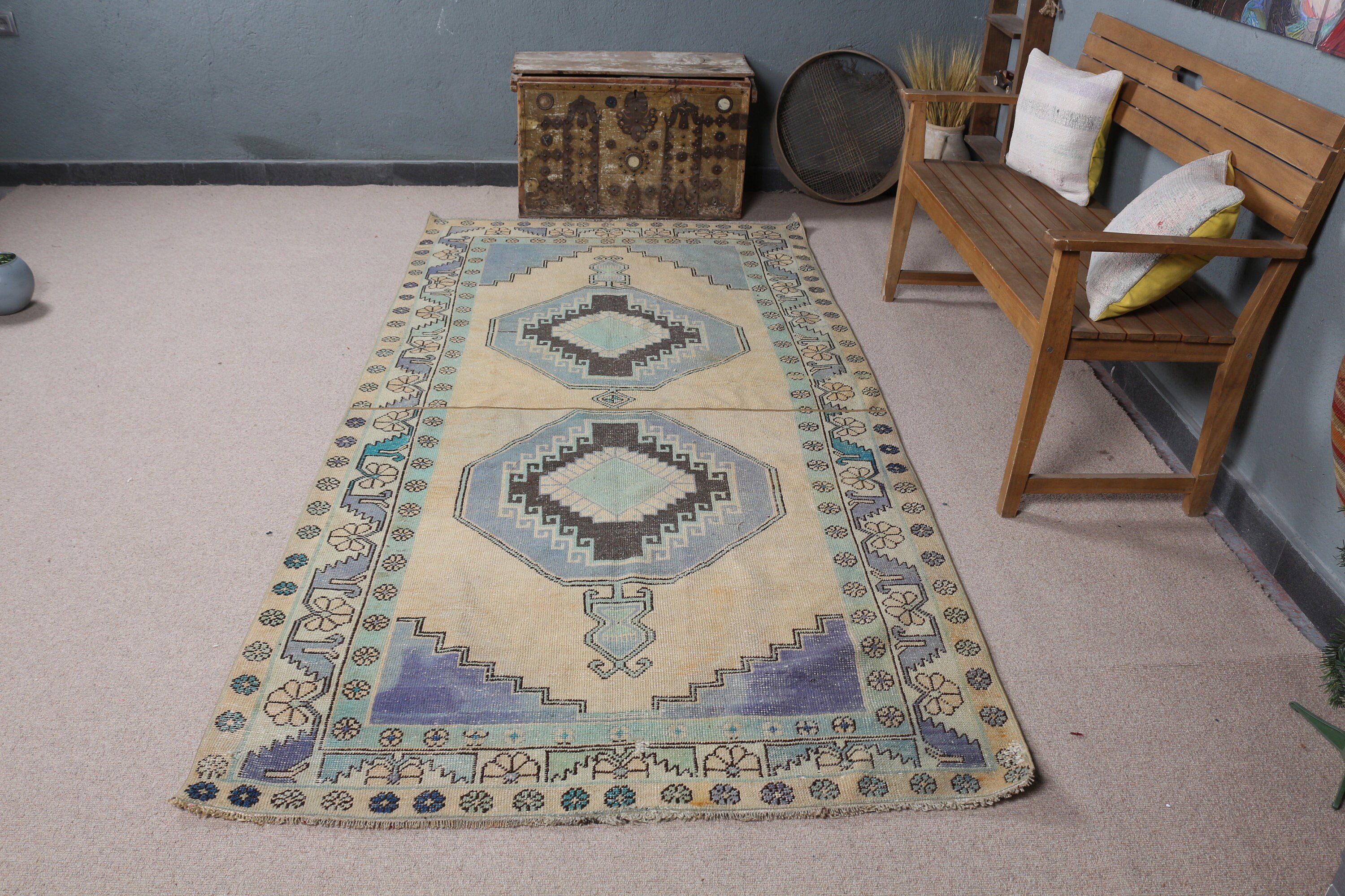 Beige Wool Rugs, Rugs for Living Room, Turkish Rugs, Cool Rug, Indoor Rug, Vintage Rugs, 4.4x8.9 ft Area Rugs, Kitchen Rug, Oushak Rugs