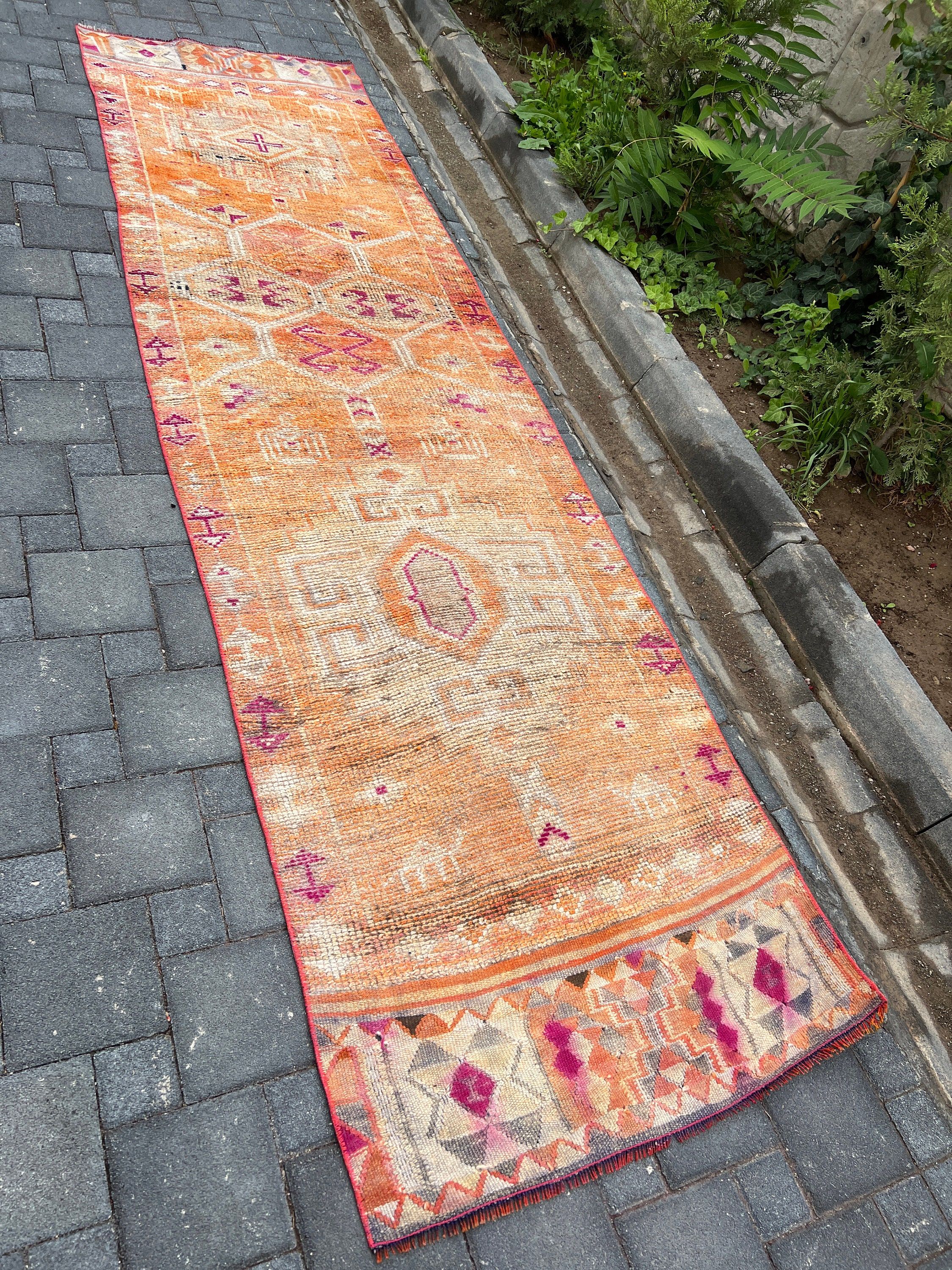 Vintage Rugs, Pale Rugs, Hallway Rug, Stair Rug, 3.1x11.7 ft Runner Rug, Turkish Rug, Moroccan Rugs, Orange Anatolian Rugs