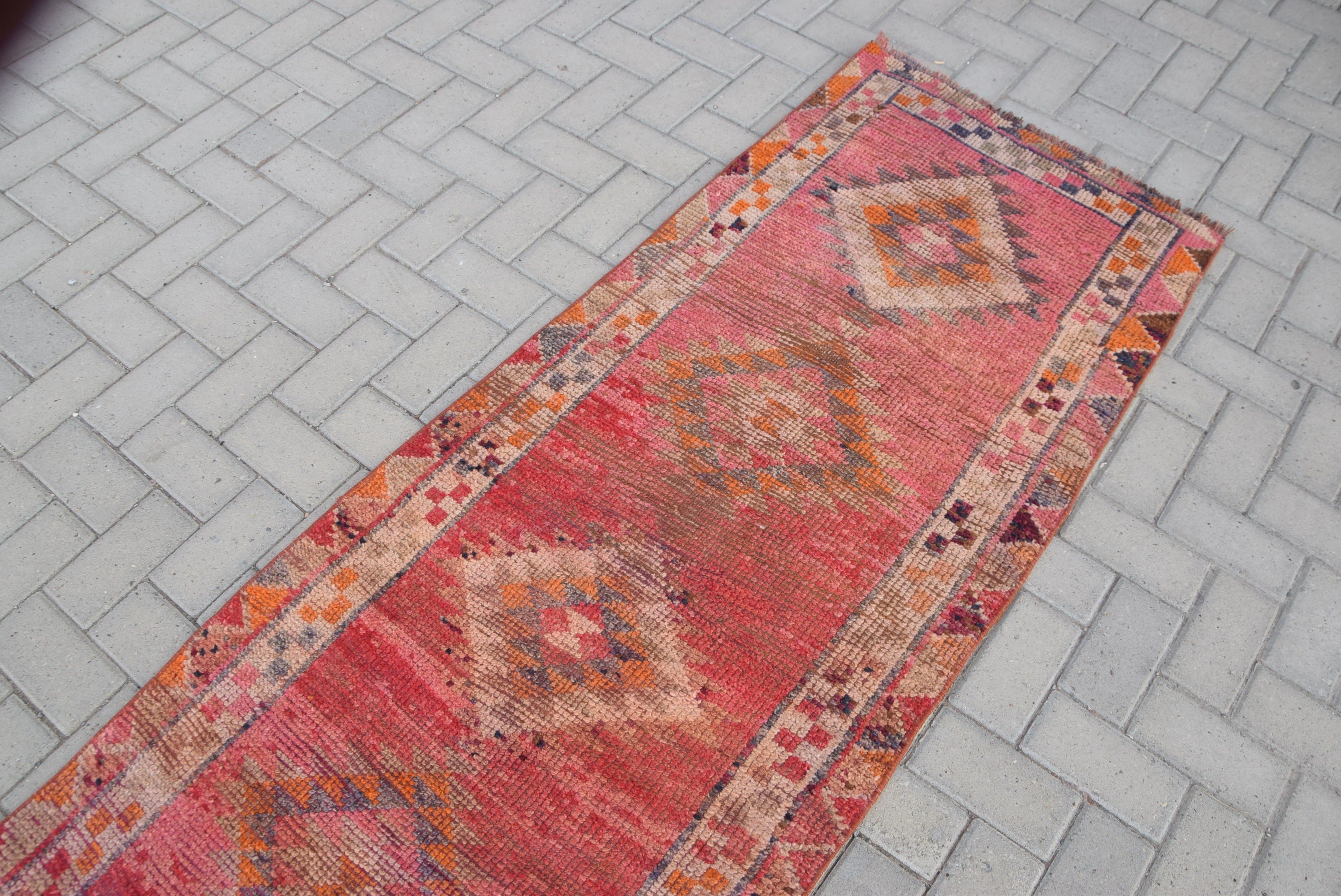 Red Oriental Rugs, 2.5x10.6 ft Runner Rug, Rugs for Corridor, Turkish Rug, Muted Rug, Kitchen Rug, Moroccan Rug, Vintage Rug