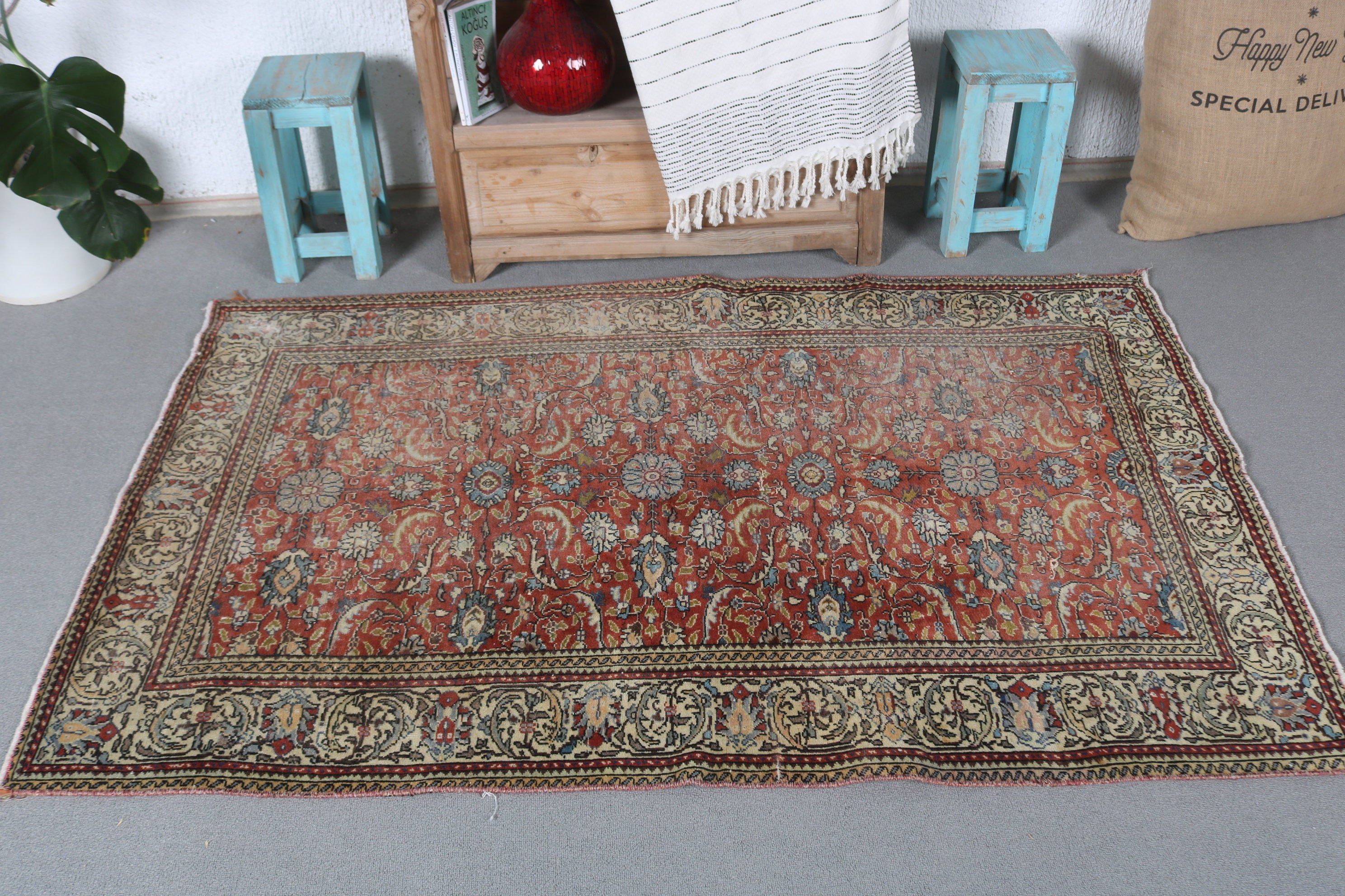 Oriental Rug, Nursery Rugs, Rugs for Kitchen, Vintage Rug, Moroccan Rug, Entry Rug, 3.6x5.6 ft Accent Rug, Turkish Rug, Red Floor Rug