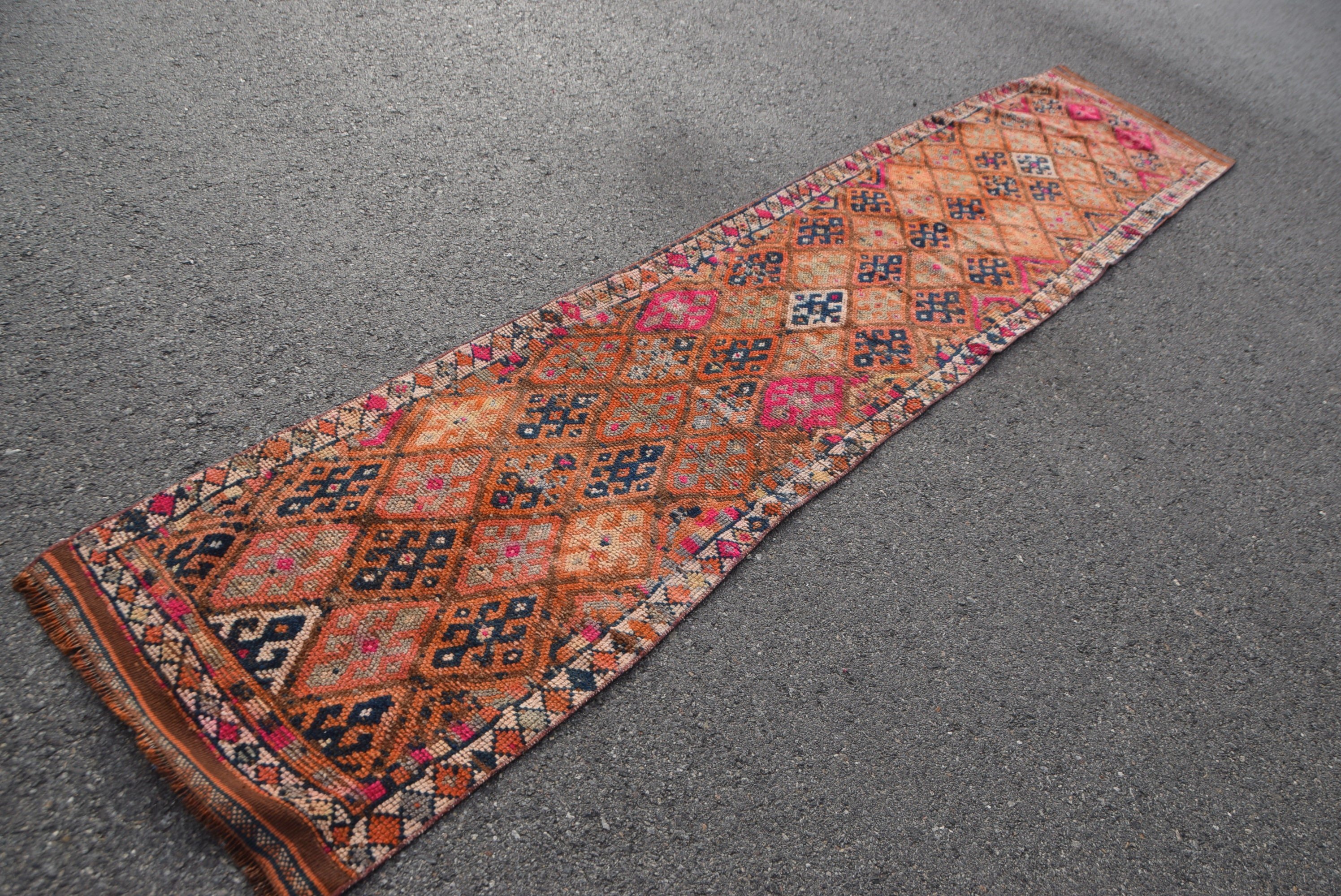Turkish Rugs, Antique Rug, Vintage Rug, Hallway Rug, Kitchen Rug, Anatolian Rug, Orange Cool Rugs, 2.5x12.6 ft Runner Rug, Rugs for Stair