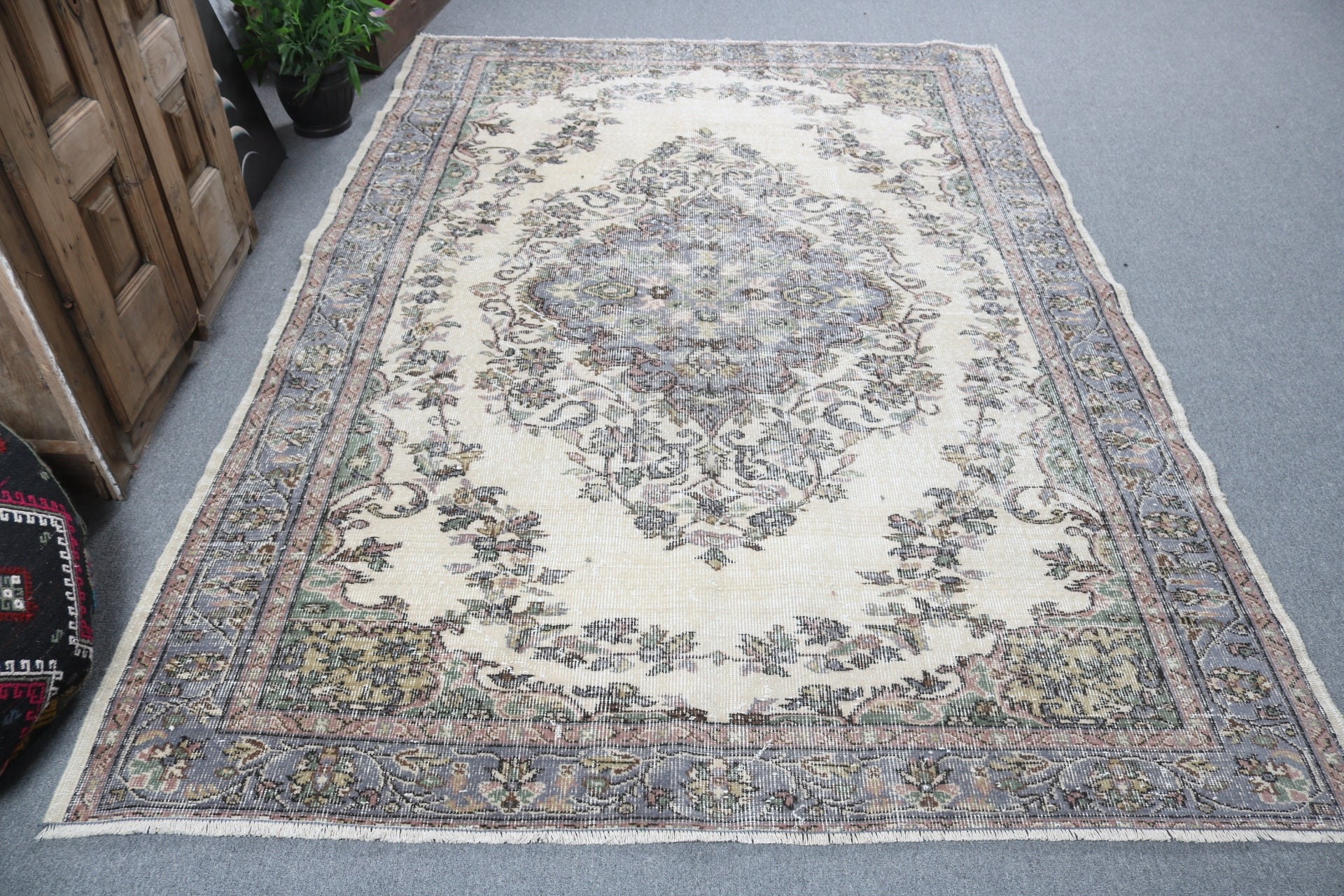 Gri El Dokuma Halılar, Vintage Halı, Yer Halısı, Oturma Odası Halıları, Türk Halıları, 6x8.7 ft Büyük Halı, Boho Halıları, Yemek Odası Halısı, El Dokuma Halıları