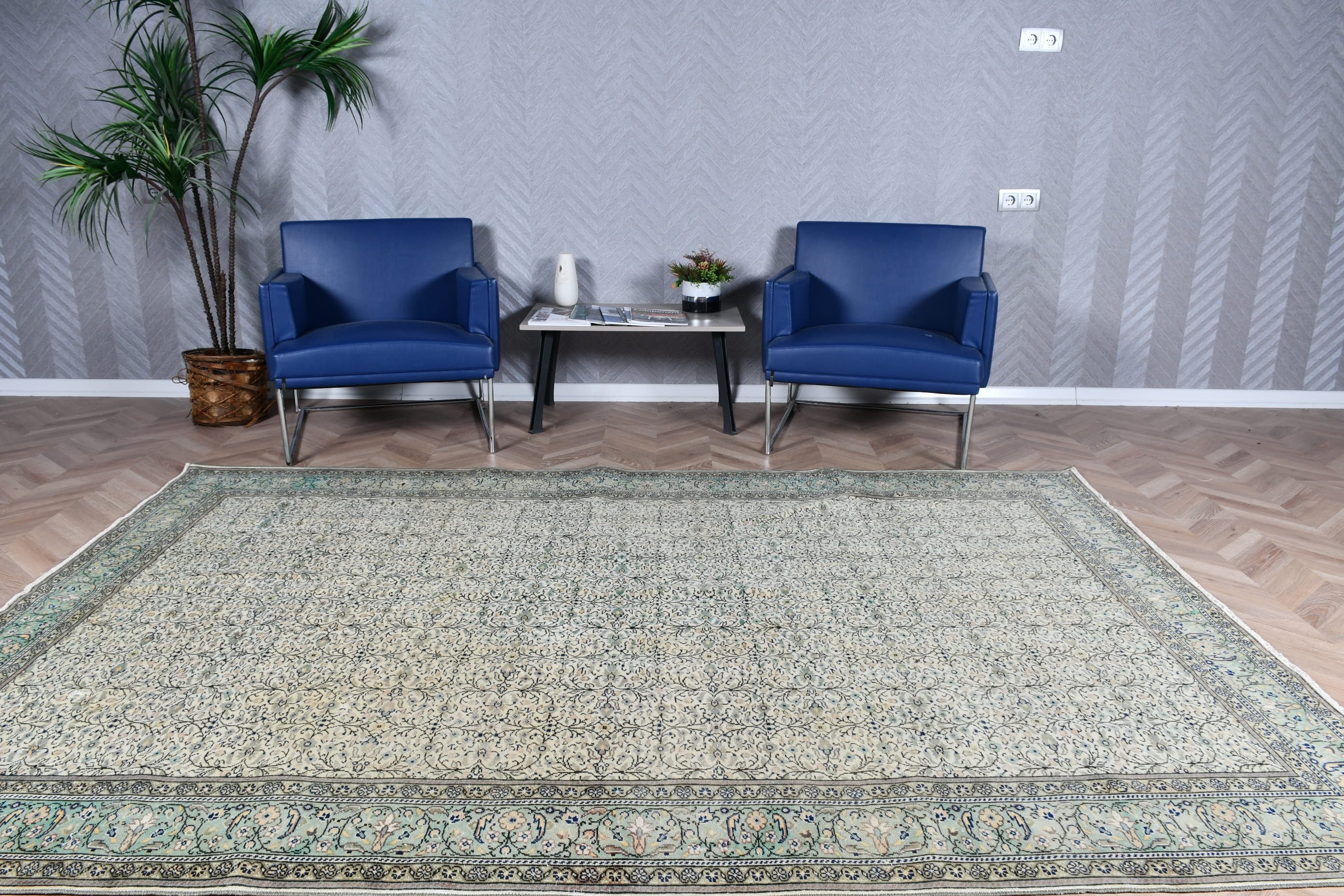 Türk Halısı, 6.5x9.4 ft Büyük Halı, Vintage Halı, Soluk Halı, Fas Halıları, Bej Oushak Halısı, Salon Halıları, Oturma Odası Halıları, Anadolu Halısı