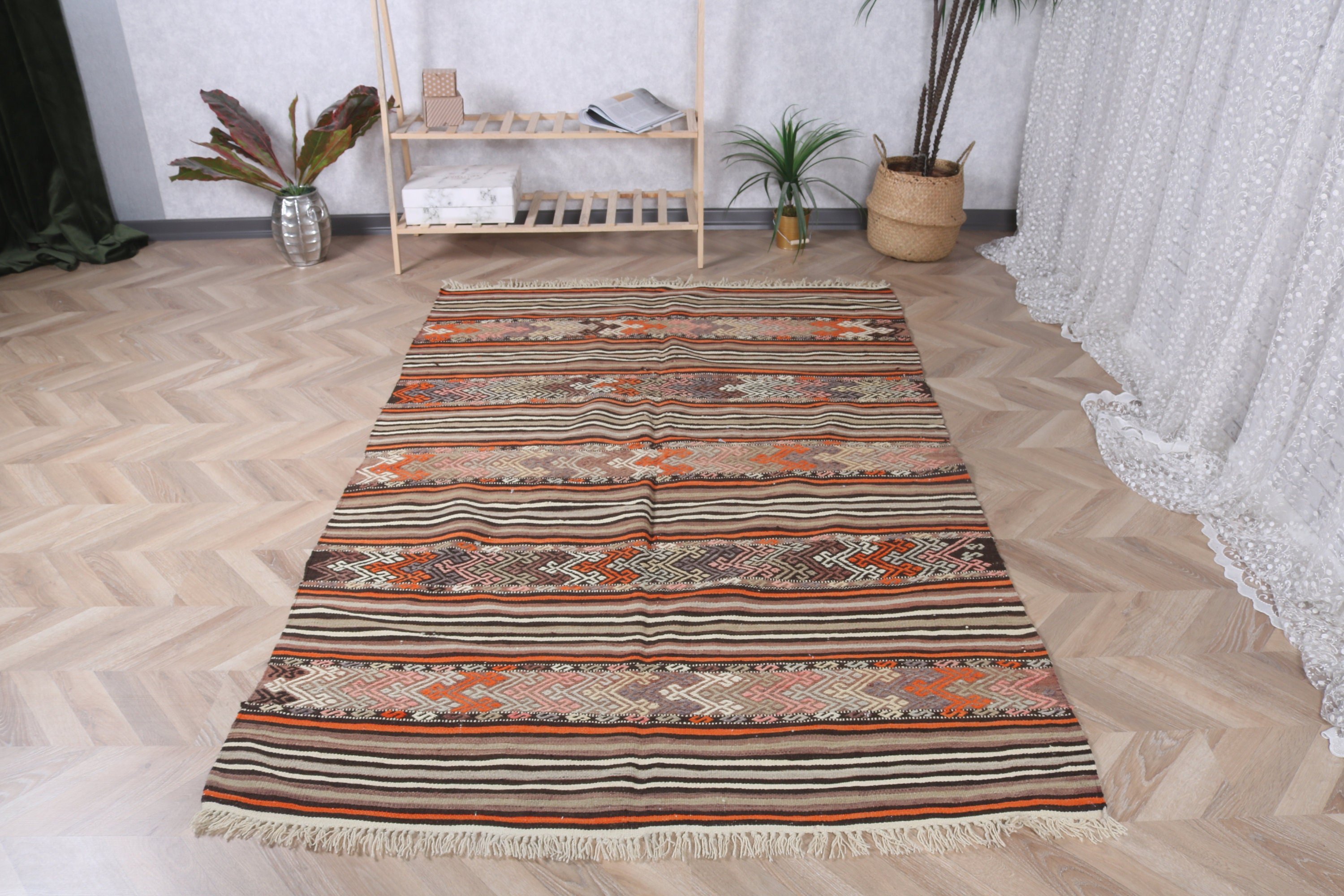 4,6x7,3 ft Alan Halıları, Oryantal Halı, Boho Alan Halısı, Boho Halıları, İç Mekan Halısı, Vintage Halılar, El Yapımı Halı, Türk Halıları, Kahverengi Oushak Halıları