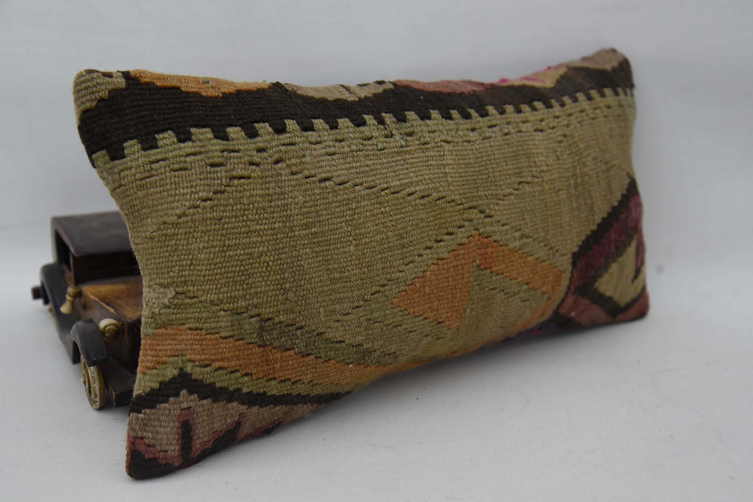 Yün Kilim Yastık Minder, El Yapımı Kırlent Kılıfı, 8"x16" Bej Yastık Sham, Vintage Yastık, Kanepe Yastık, Türk Yastık