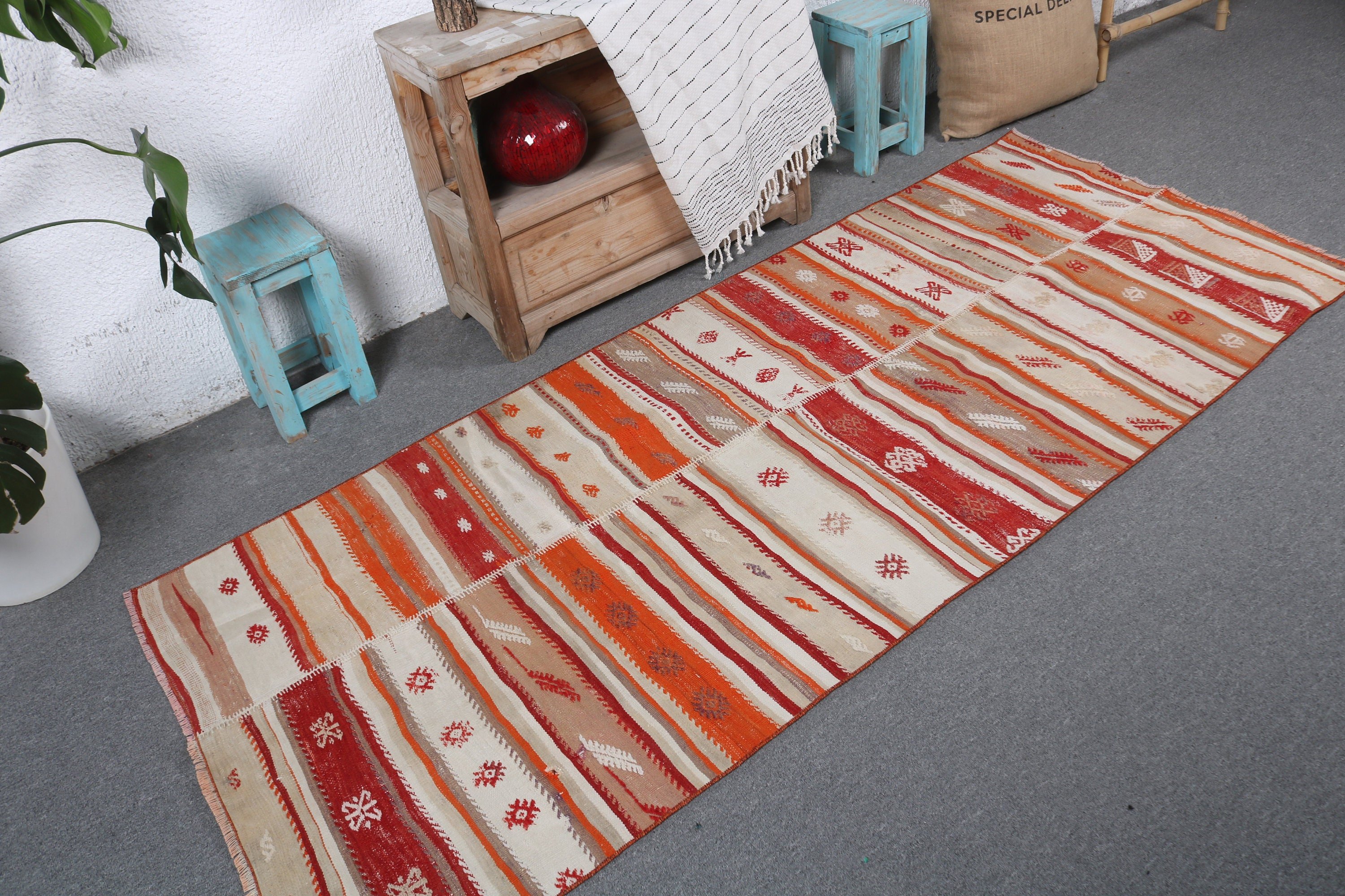 Accent Halıları, 3.1x7.5 ft Accent Halıları, Yer Halıları, Kilim, Boho Halıları, Türk Halısı, Vintage Halılar, Turuncu Yatak Odası Halıları, Dekoratif Halılar