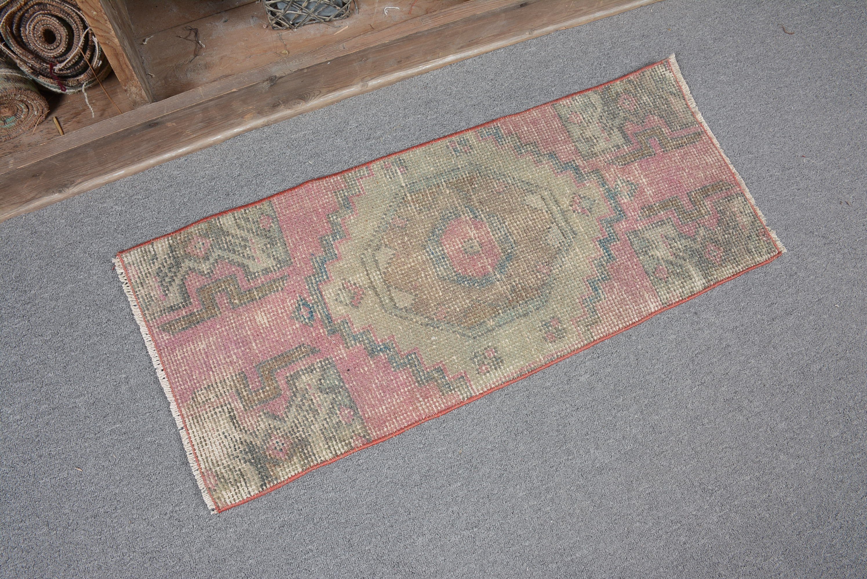 Turkish Rug, Bedroom Rug, Pink Bedroom Rug, Vintage Rug, 1.2x2.8 ft Small Rug, Antique Rug, Rugs for Kitchen, Entry Rug, Bathroom Rug