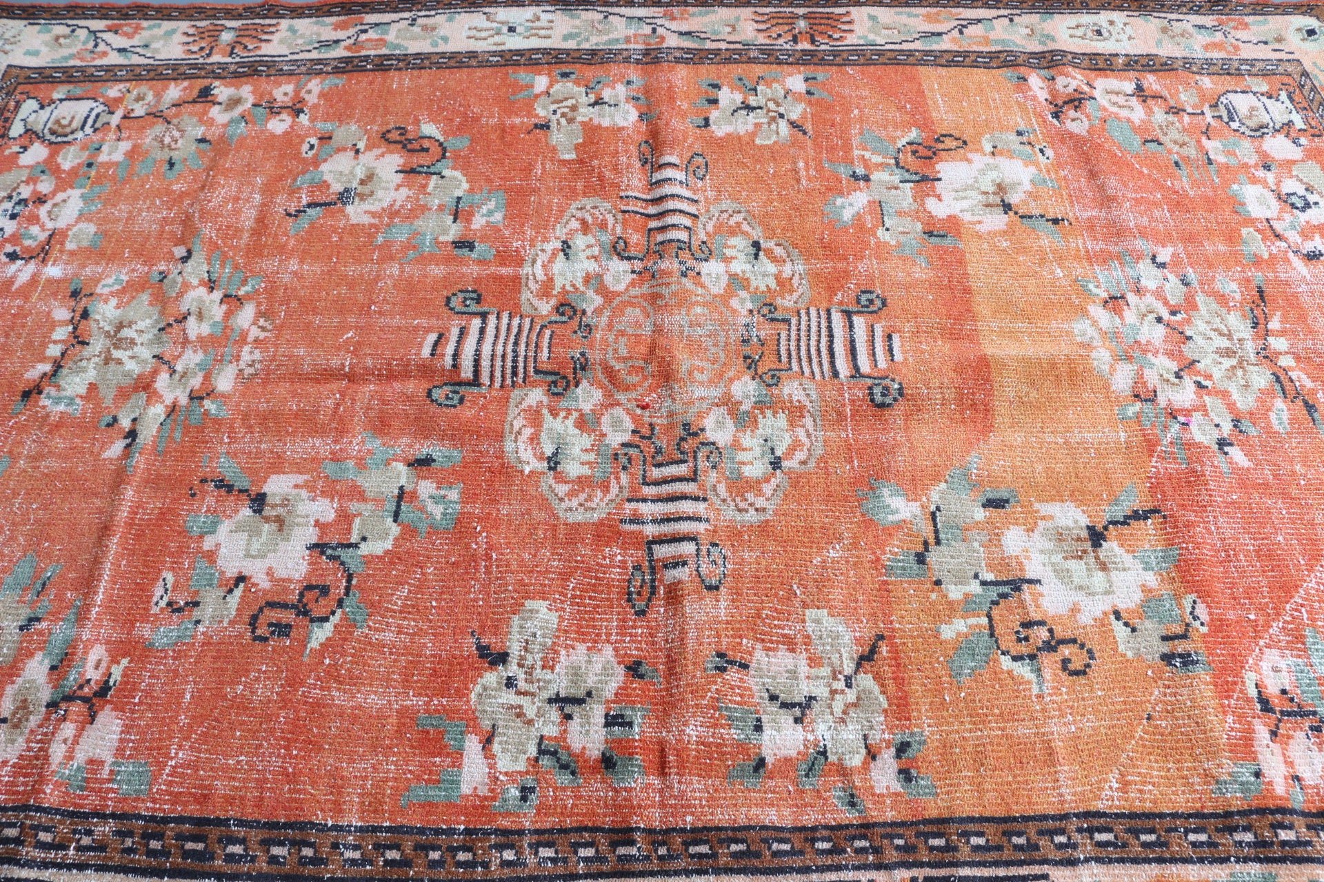 Orange Kitchen Rug, Vintage Rugs, Dining Room Rug, Floor Rugs, Handmade Rug, 6.1x9 ft Large Rug, Wool Rugs, Turkish Rug, Salon Rugs