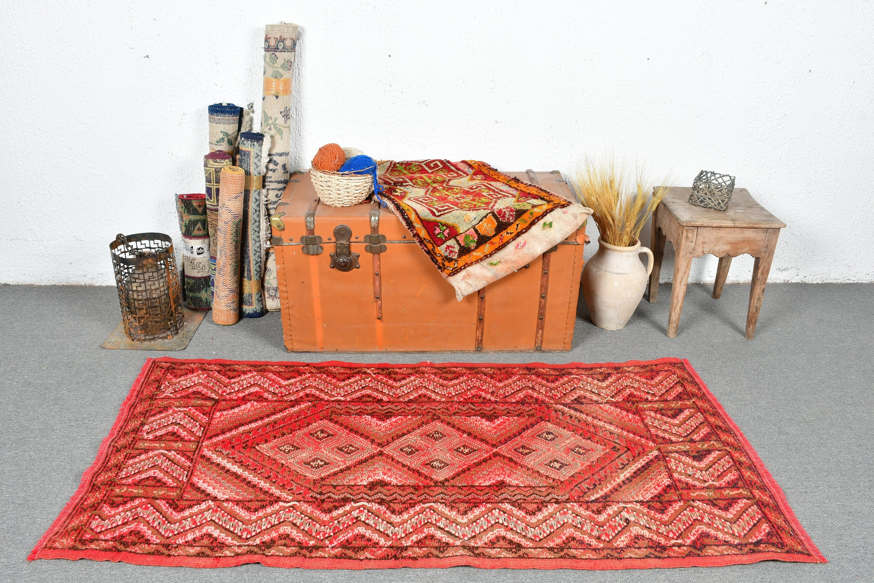 Wool Rug, Kitchen Rug, Turkish Rugs, Red  2.9x6 ft Accent Rugs, Entry Rug, Vintage Rugs, Rugs for Kitchen, Moroccan Rug