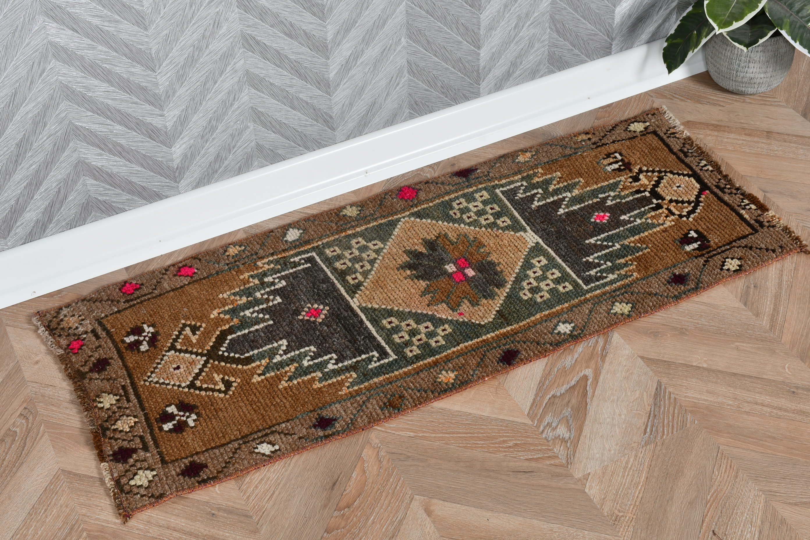 Dorm Rugs, Turkish Rugs, Rugs for Bathroom, Vintage Rug, Kitchen Rug, Bath Rugs, Entry Rug, Brown Wool Rug, 1.4x3.4 ft Small Rug, Floor Rug