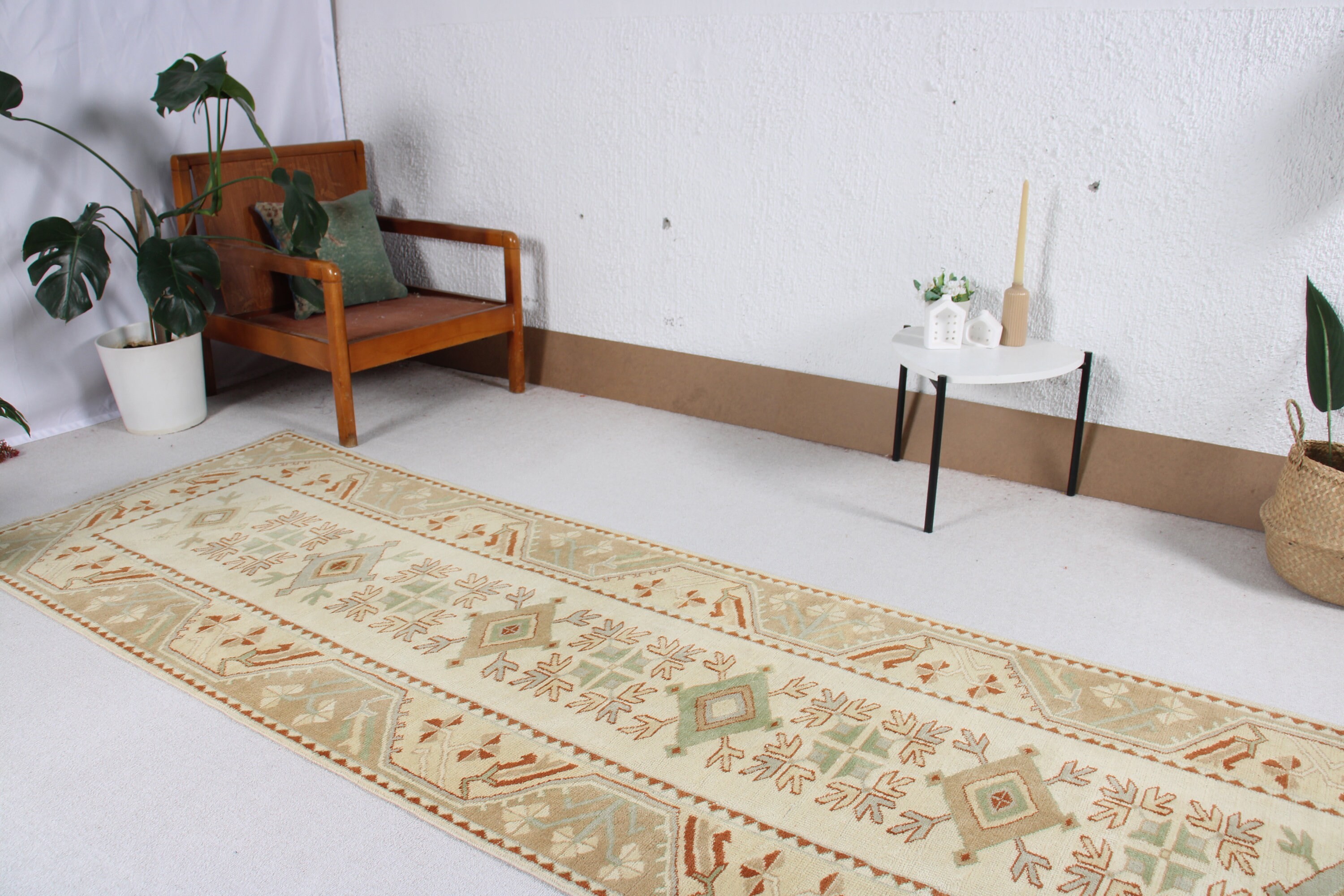 Bej El Dokuma Halılar, Ev Dekorasyonu Halısı, Koridor Halıları, 3x11.5 ft Runner Halısı, Türk Halıları, Vintage Runner Halıları, Oushak Halısı, Vintage Halı