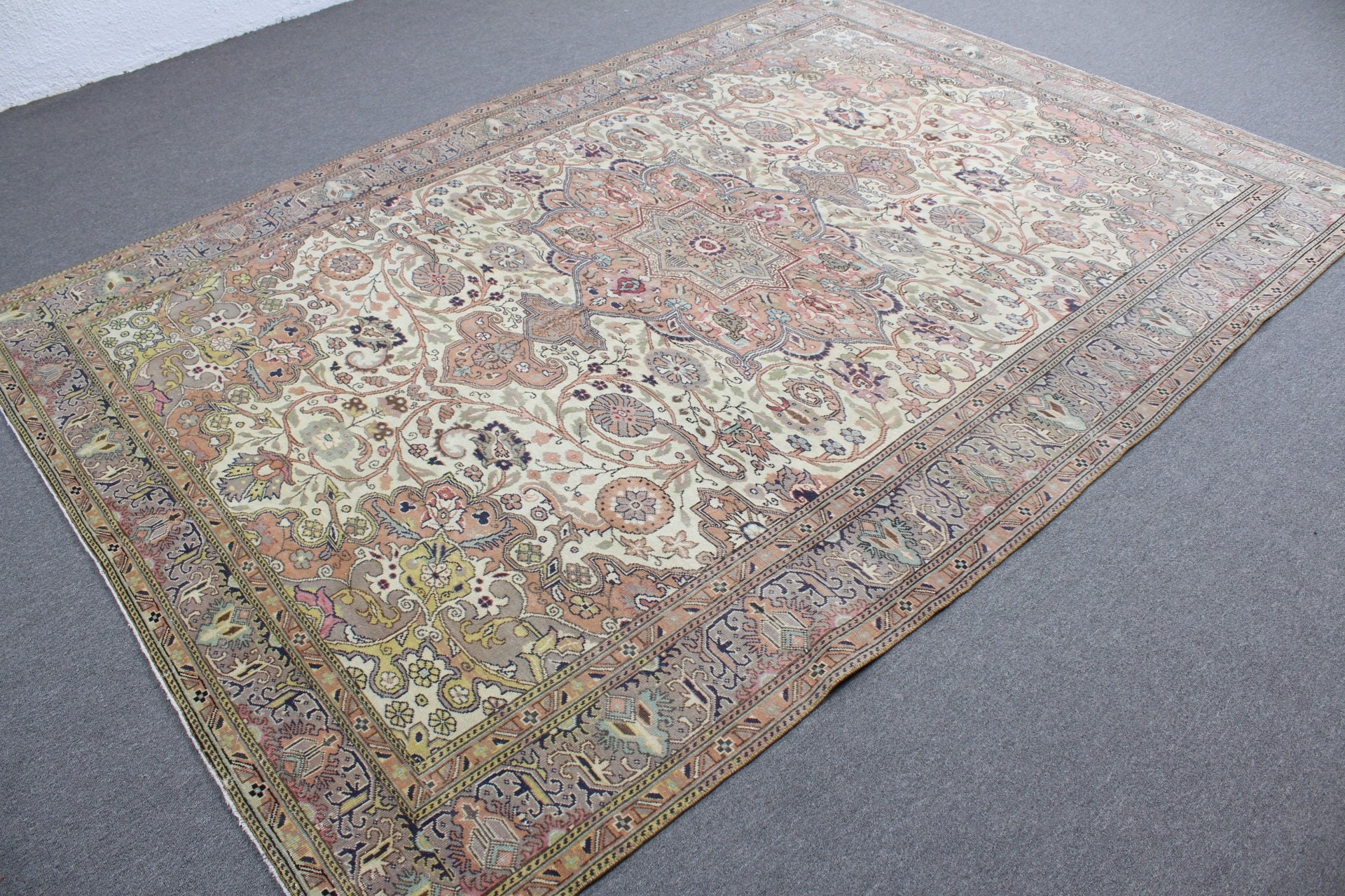 Bej Yer Halısı, Yün Halı, Vintage Halılar, Yemek Odası Halısı, Antika Halılar, 6.3x9.5 ft Büyük Halılar, Oturma Odası Halısı, Eskitme Halısı, Türk Halısı