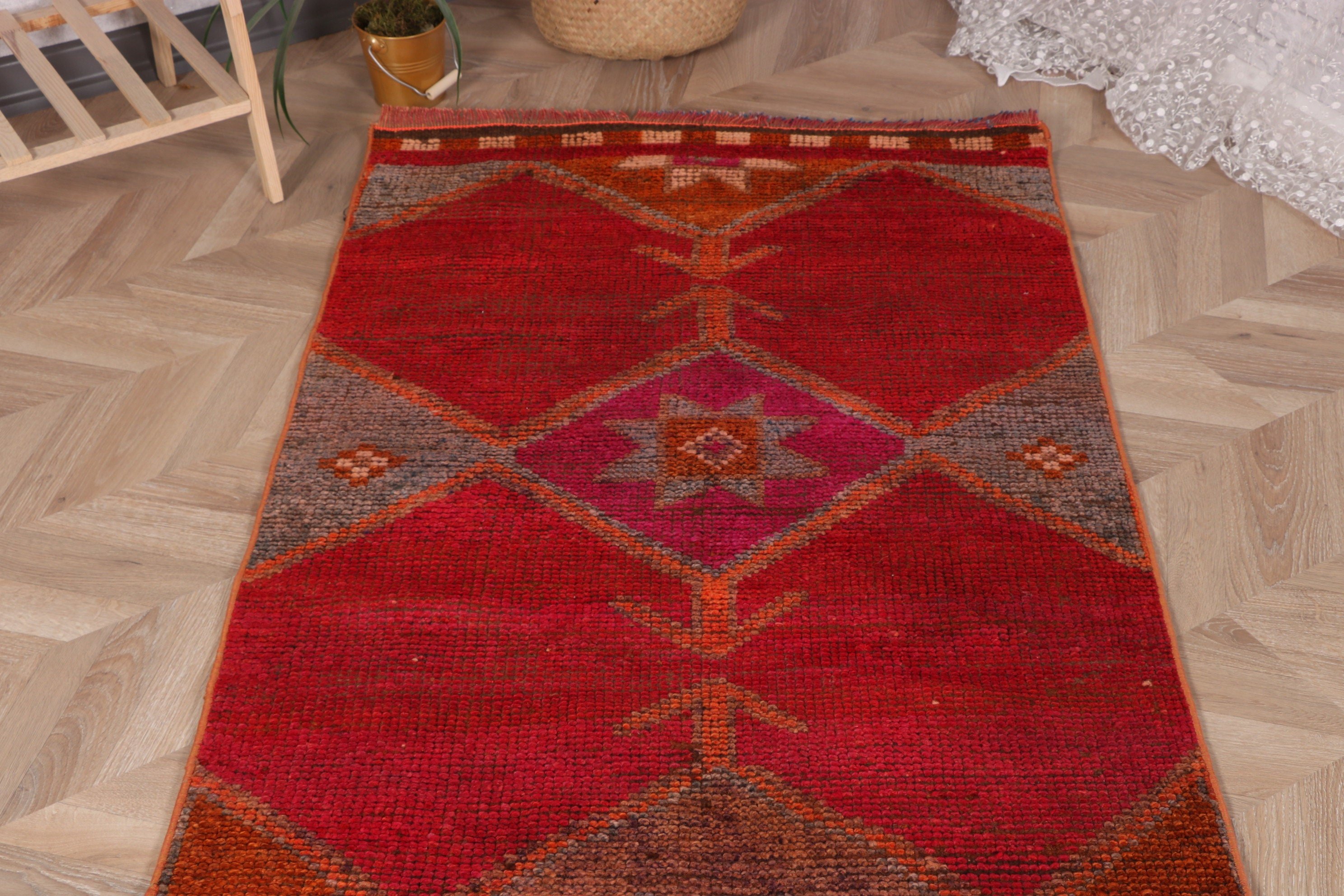 Türk Halısı, Yatak Odası Halısı, 3x10.2 ft Runner Halıları, Kırmızı Düz ​​Dokuma Halısı, Fas Halıları, Vintage Halı, Koridor Halıları, Vintage Runner Halıları