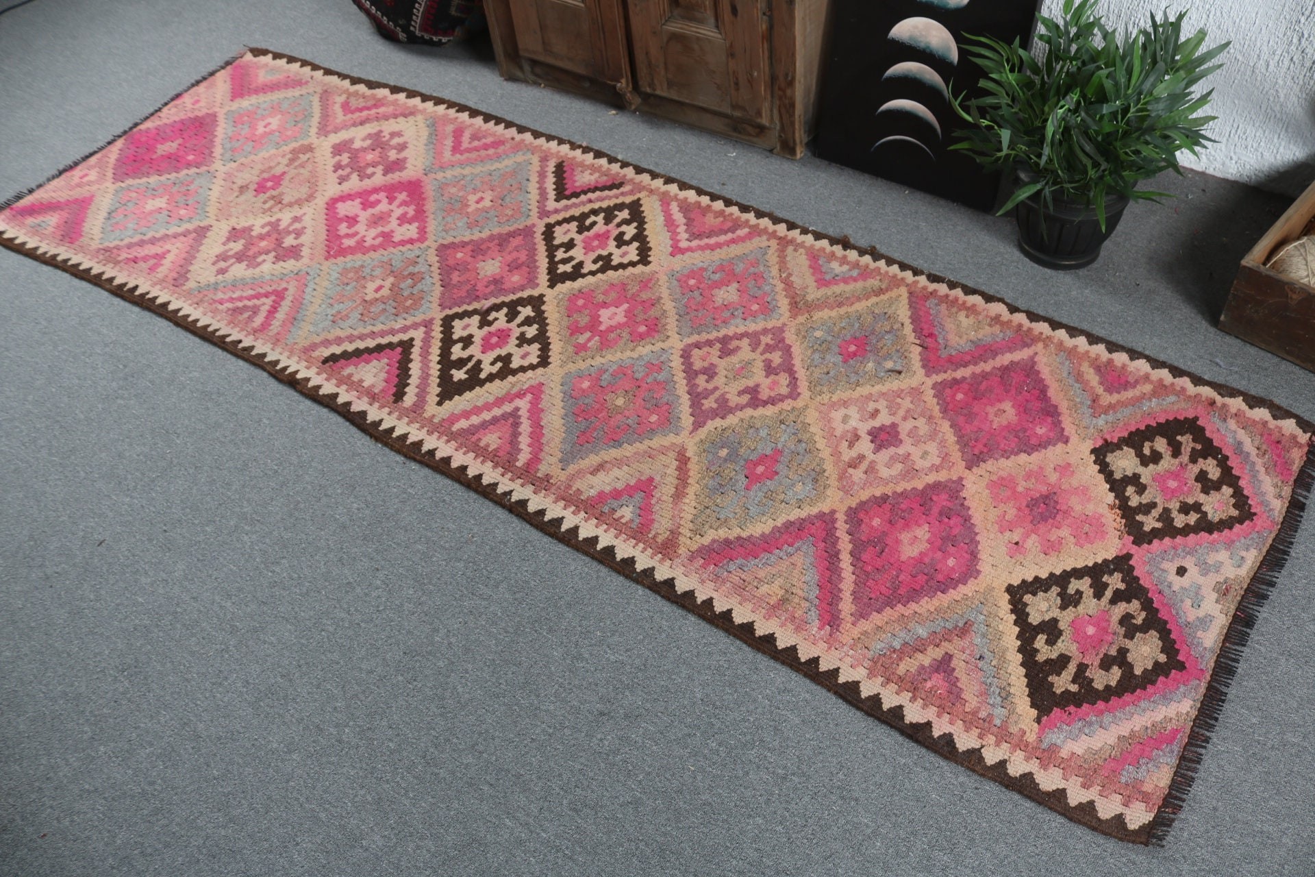 Geometrik Halı, 2.9x9 ft Runner Halı, Vintage Runner Halılar, Mutfak Halıları, Vintage Halılar, Pembe Havalı Halılar, Anadolu Halısı, Türk Halıları