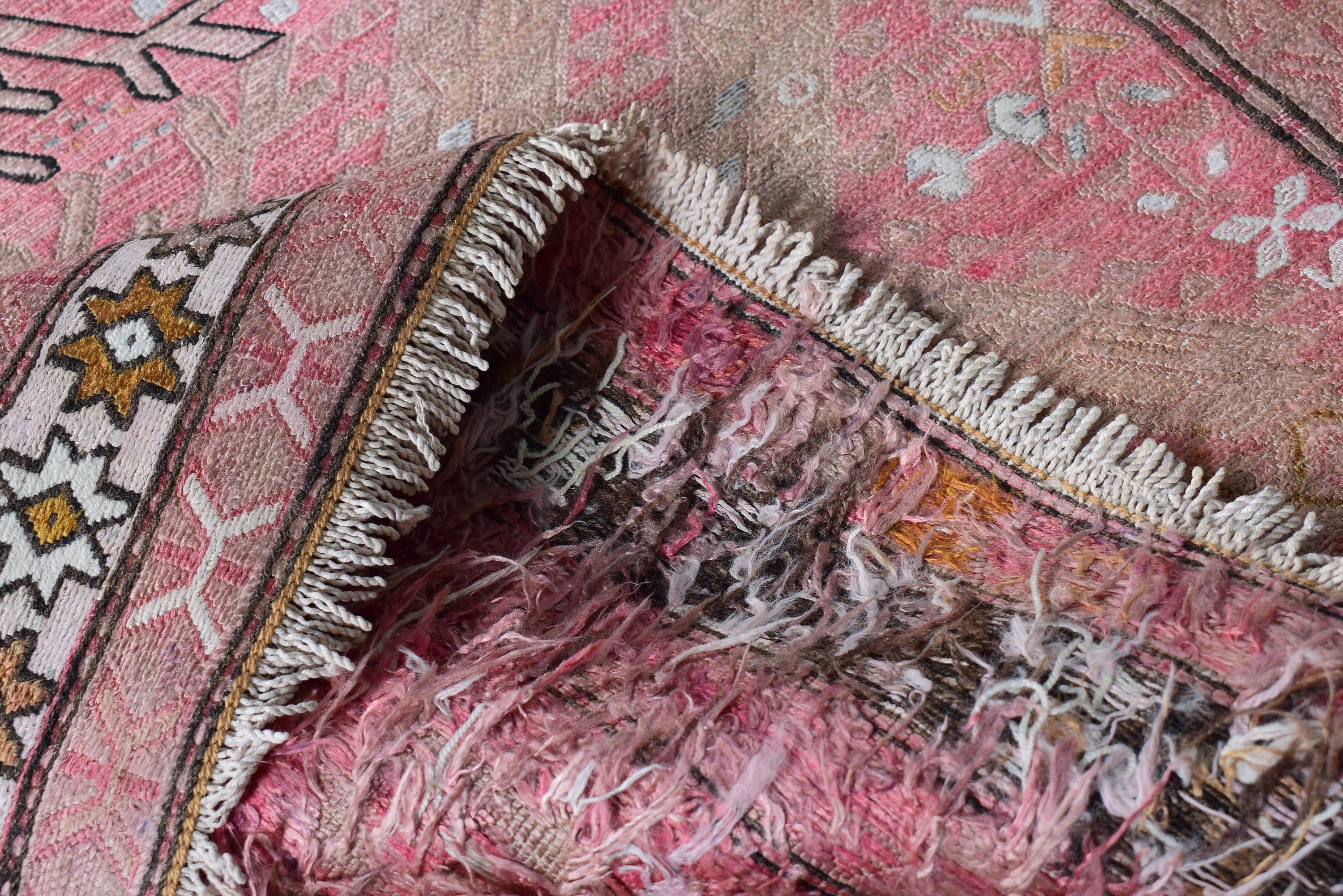 Geometrik Halı, Boho Vurgulu Halılar, Vintage Halı, Boho Vurgulu Halılar, Pembe Açıklama Halısı, Türk Halısı, El Dokuma Halı, 3,3x4,8 ft Vurgulu Halılar