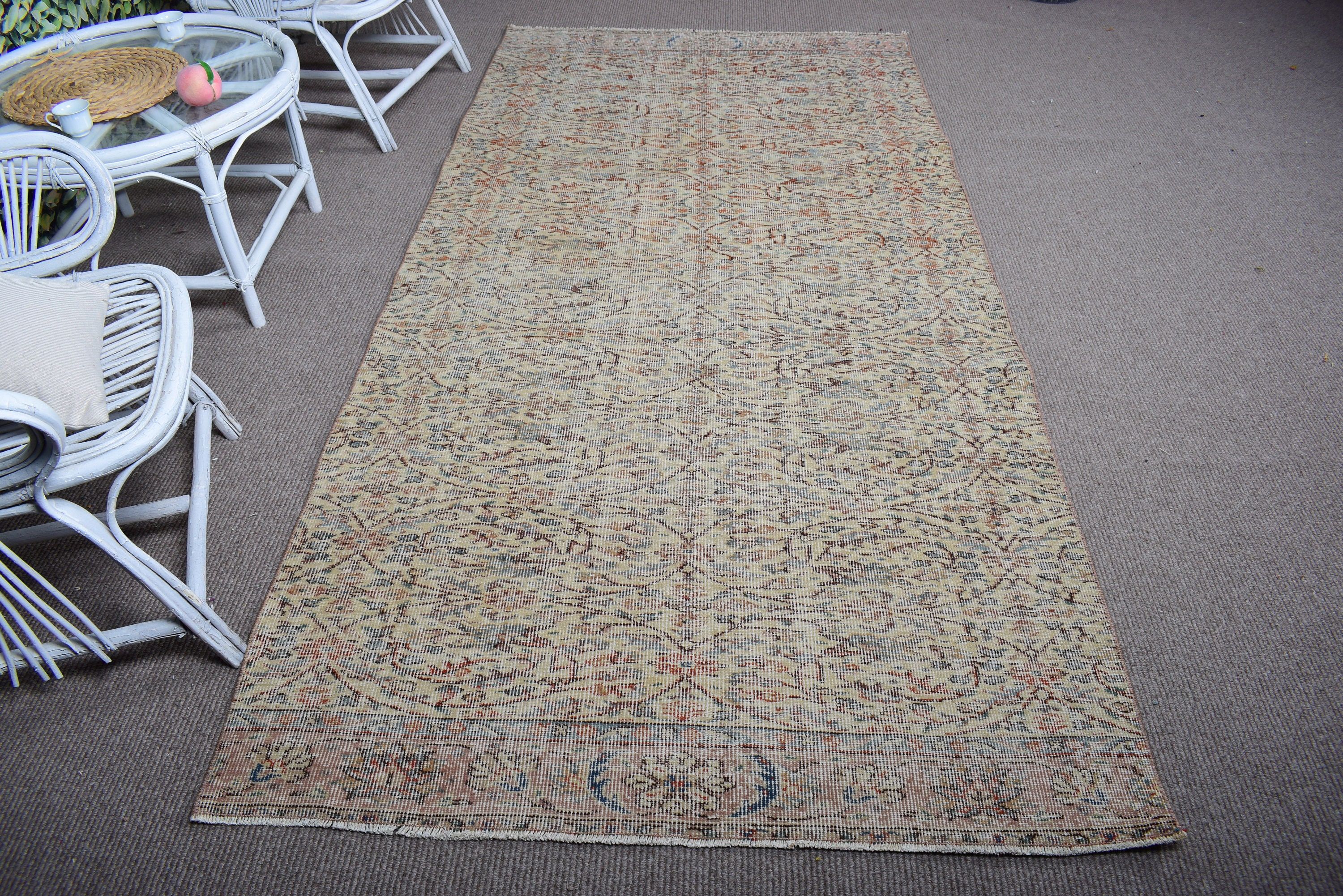 Beige Wool Rug, Vintage Rugs, Turkish Rug, Boho Area Rug, 4.3x9 ft Area Rug, Kitchen Rugs, Bedroom Rugs, Rugs for Nursery