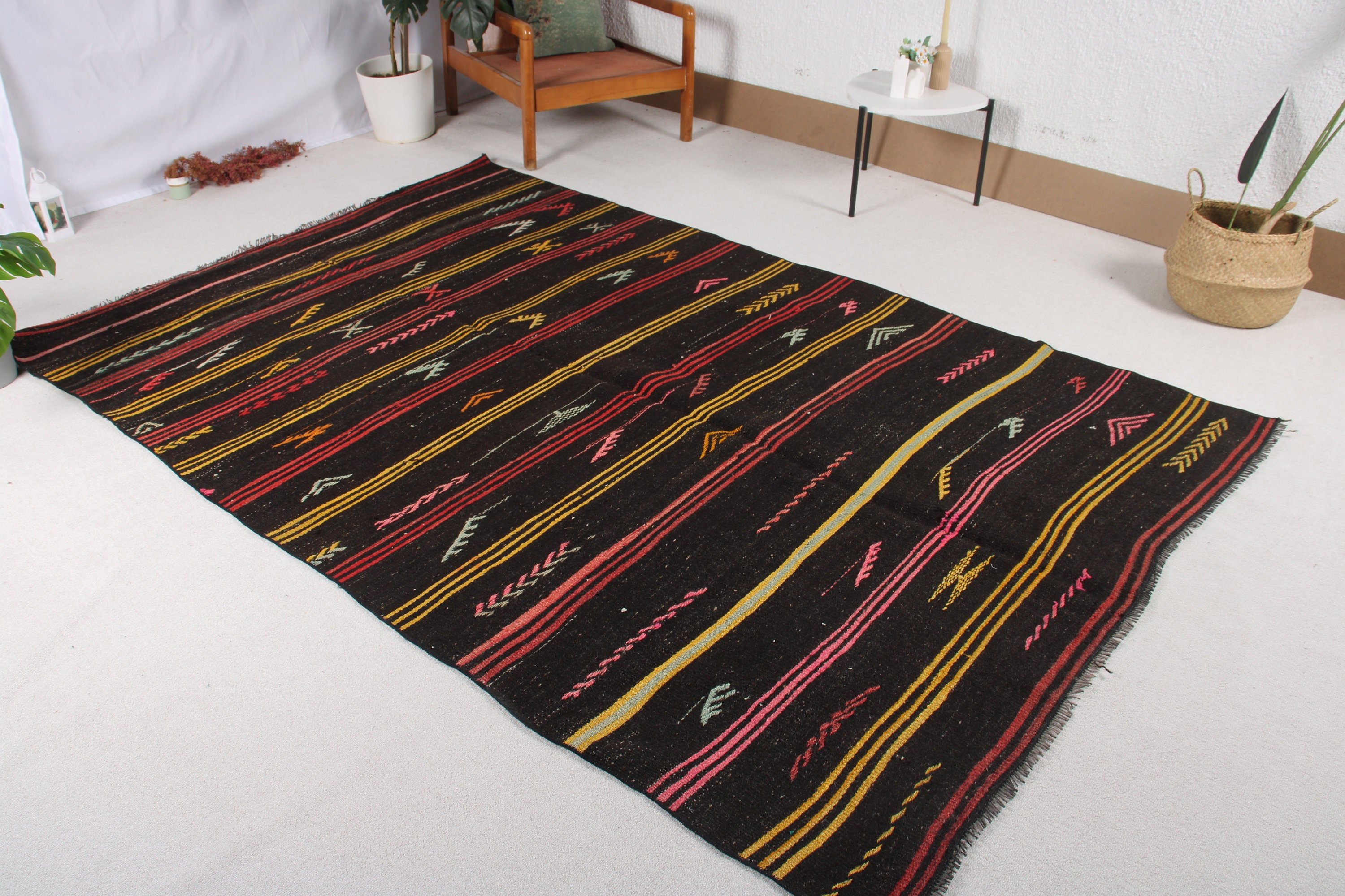 Türk Halısı, 5.6x8.4 ft Büyük Halı, Kilim, Büyük Boho Halıları, Yatak Odası Halıları, Fas Halısı, Siyah Antika Halılar, Vintage Halılar, Büyük Vintage Halılar