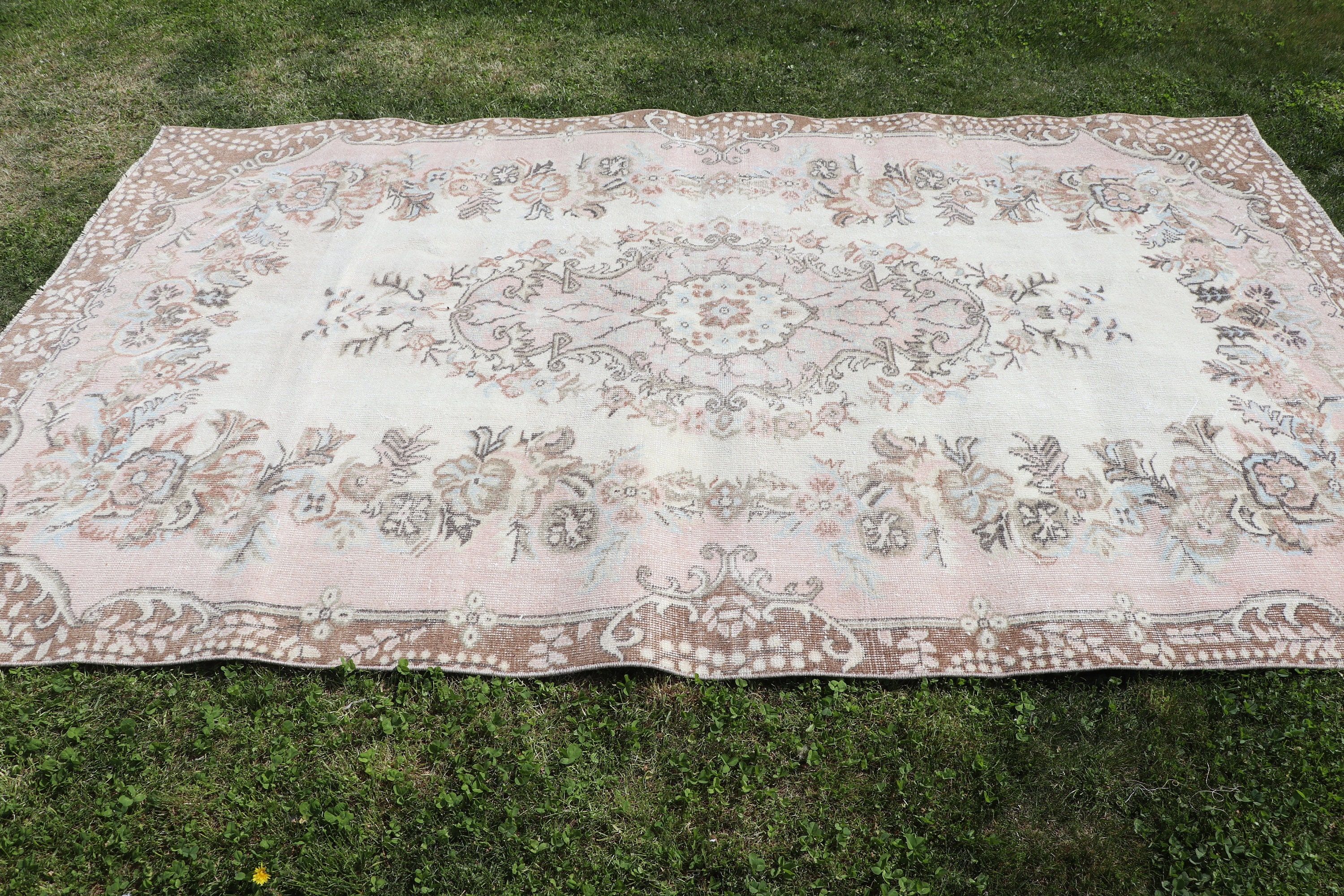 Vintage Halı, Bej Oryantal Halı, 5.7x7.5 ft Büyük Halı, Yemek Odası Halısı, Türk Halıları, Geometrik Halılar, Oturma Odası Halısı, Yer Halısı, Boho Halıları