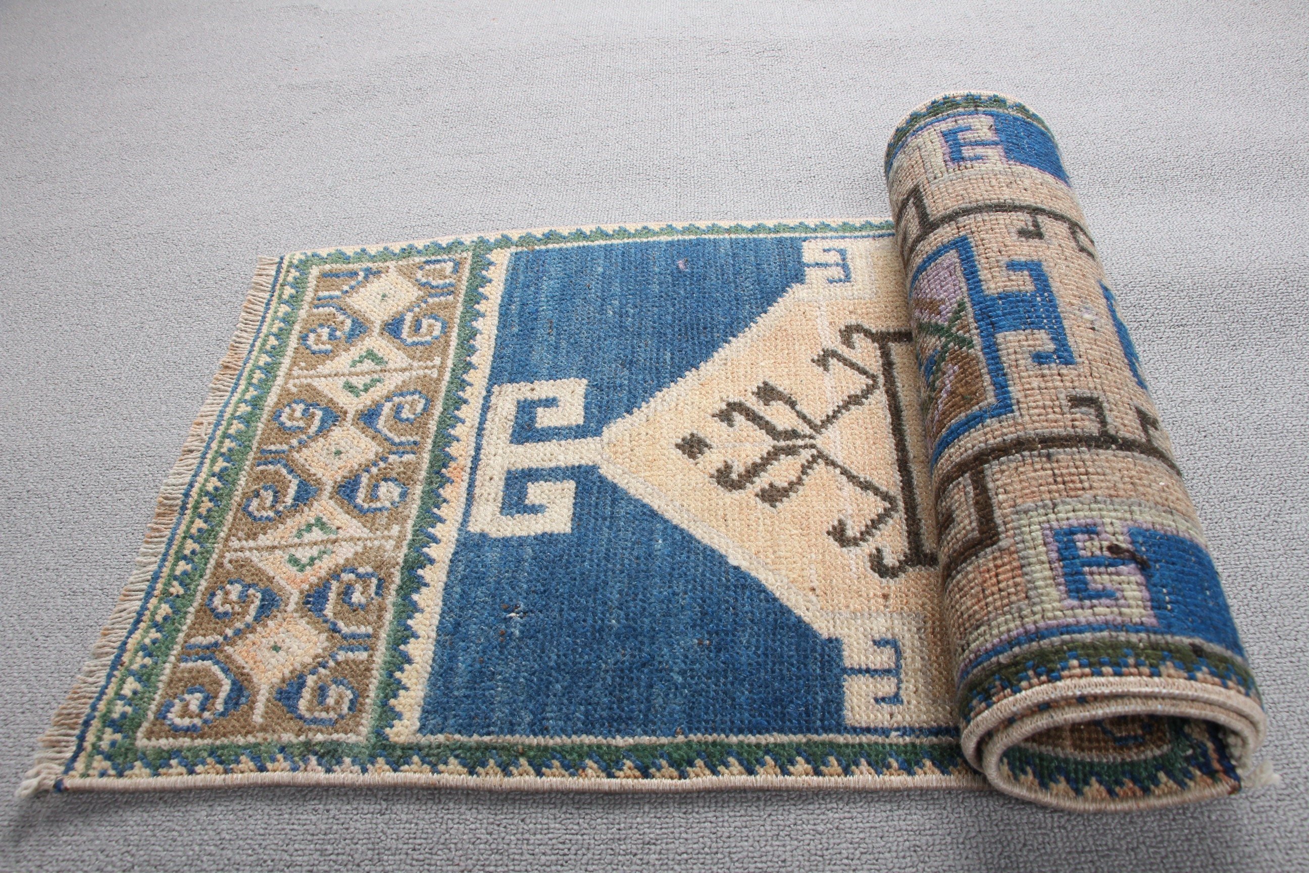 Vintage Rug, Antique Rugs, Bathroom Rugs, Turkish Rugs, Blue Bedroom Rug, Nursery Rug, Anatolian Rug, Retro Rugs, 1.3x3.7 ft Small Rug