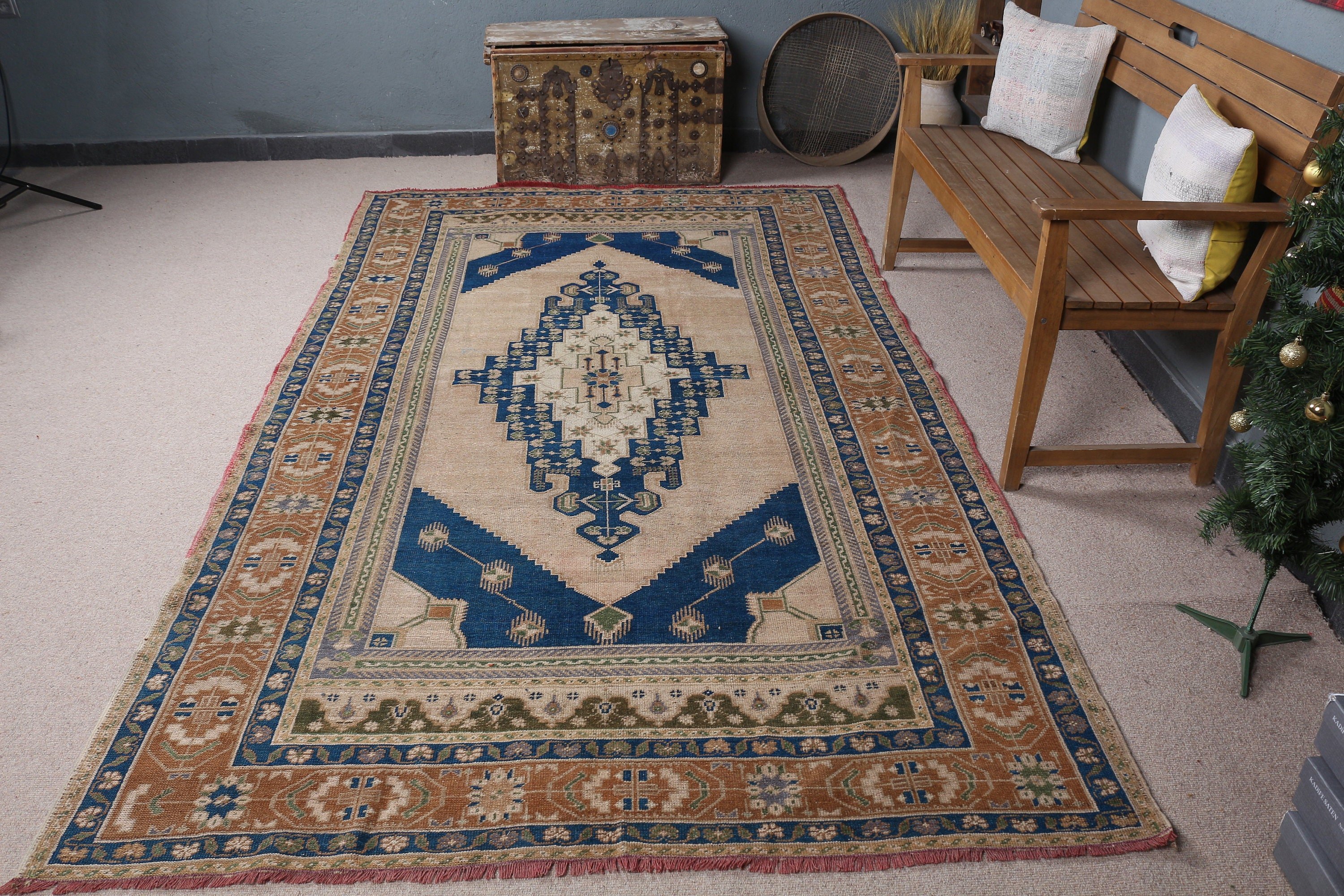 El Dokuma Halı, Vintage Halılar, Yemek Odası Halısı, Bej Yün Halılar, Oturma Odası Halısı, 5.6x9.5 ft Büyük Halılar, Yer Halısı, Türk Halısı, Mutfak Halıları