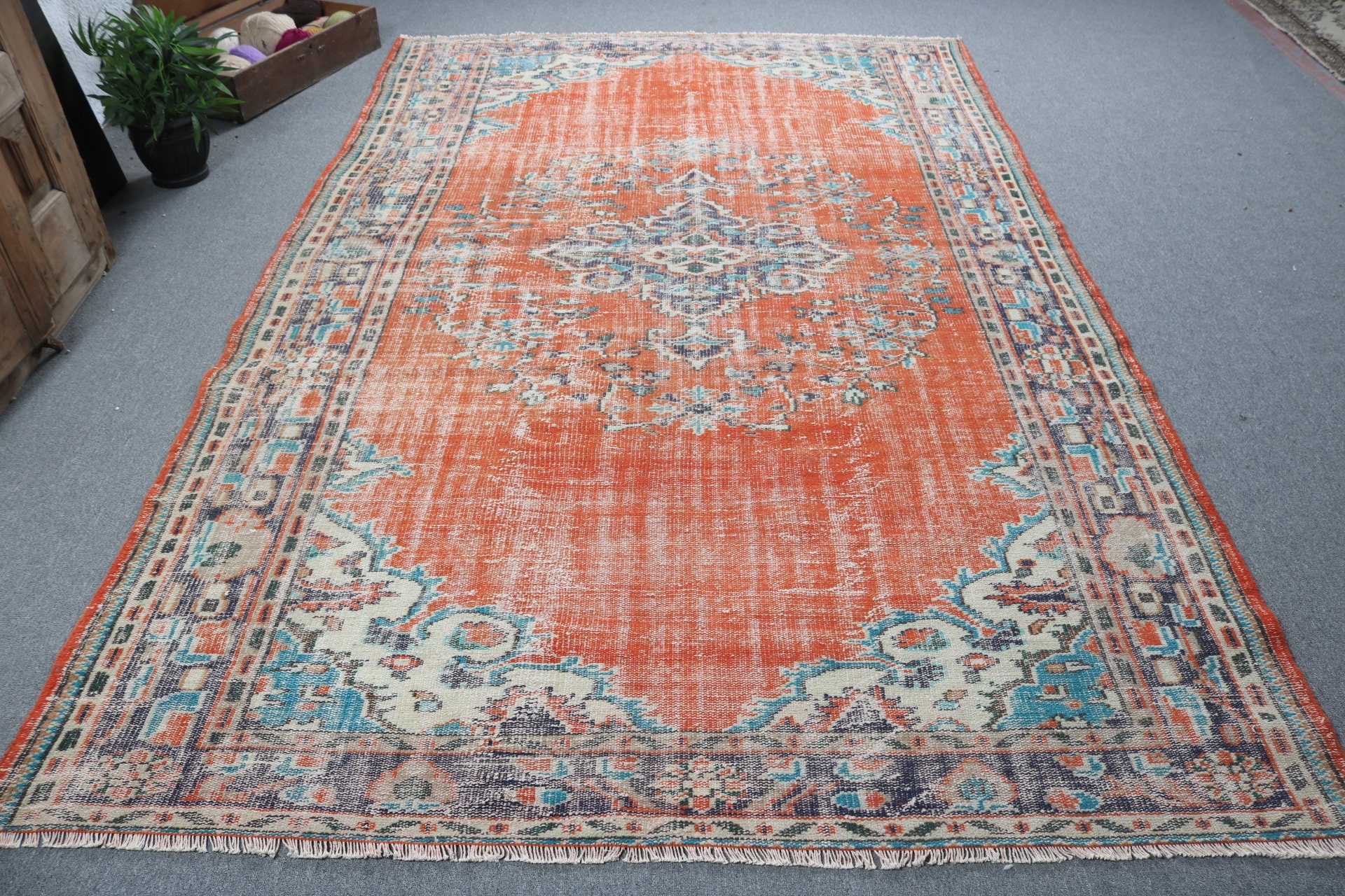 Ev Dekorasyonu Halıları, Anadolu Halıları, 6.5x10.4 ft Büyük Halı, Turuncu El Dokuma Halı, Büyük Boho Halıları, Büyük Vintage Halı, Vintage Halılar, Türk Halısı