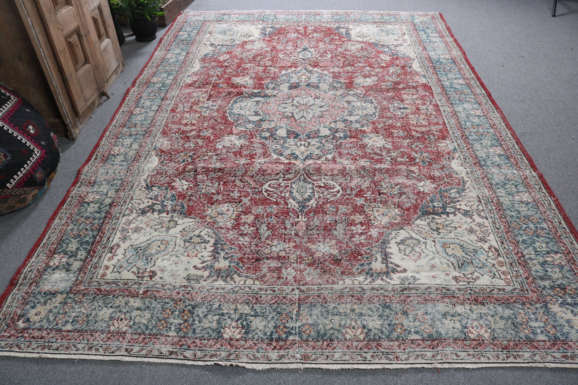 Türk Halıları, Kırmızı Açıklama Kilim, El Dokuma Halı, Vintage Halılar, Düz Dokuma Halılar, 7.1x10.4 ft Büyük Boy Halılar, Büyük Boy Vintage Halı