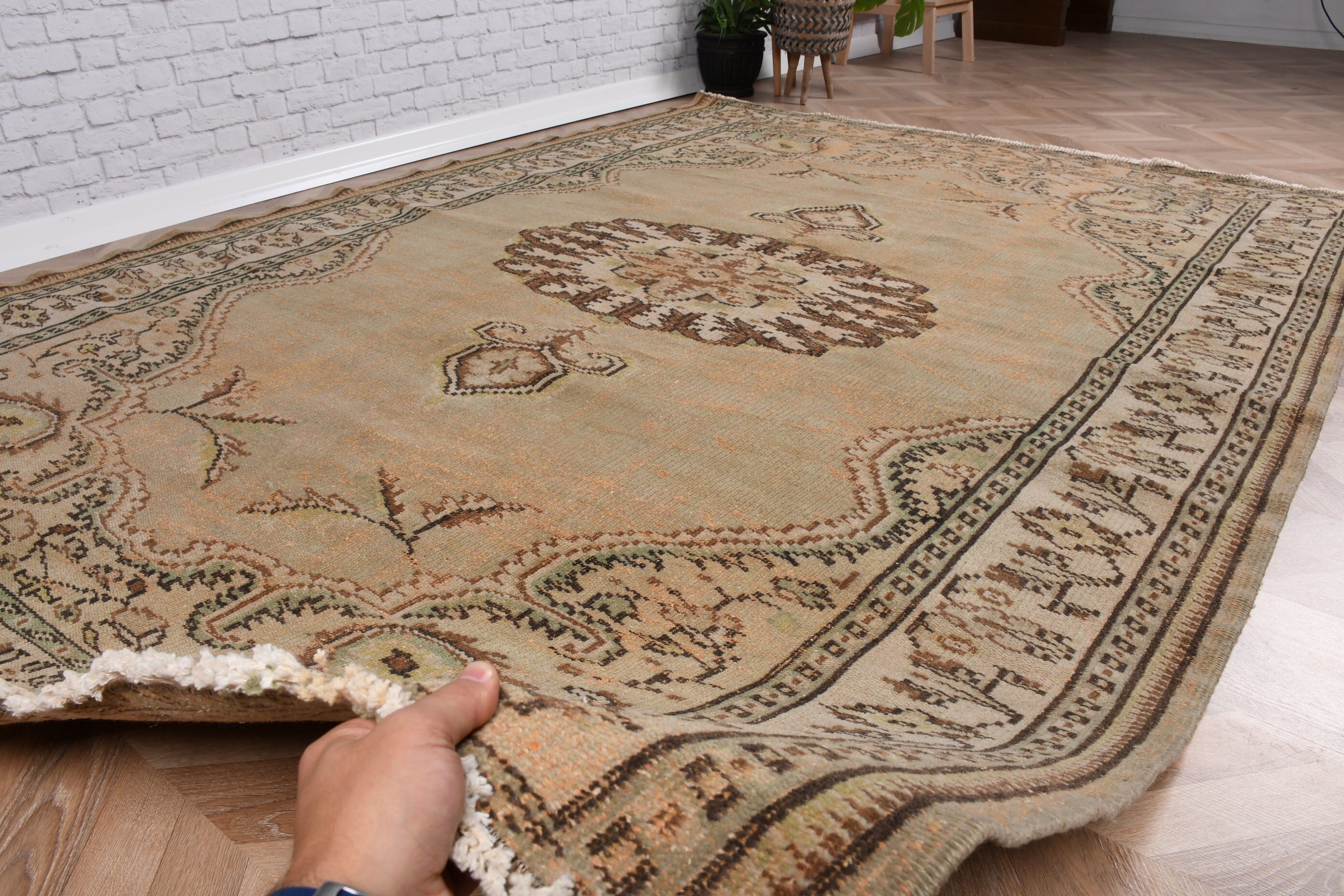 El Dokuma Halı, Yeşil Boho Halı, Vintage Halılar, Büyük Vintage Halılar, 6.3x8.4 ft Büyük Halı, Türk Halıları, Oturma Odası Halıları, Nötr Halı