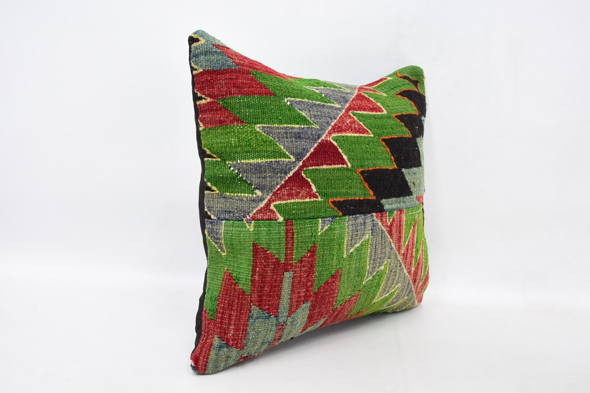 Vintage Kilim Throw Pillow, Home Decor Pillow, Crochet Pattern Pillow, 16"x16" Green Pillow Cover, Ottoman Pillow Cover, Kilim Pillow