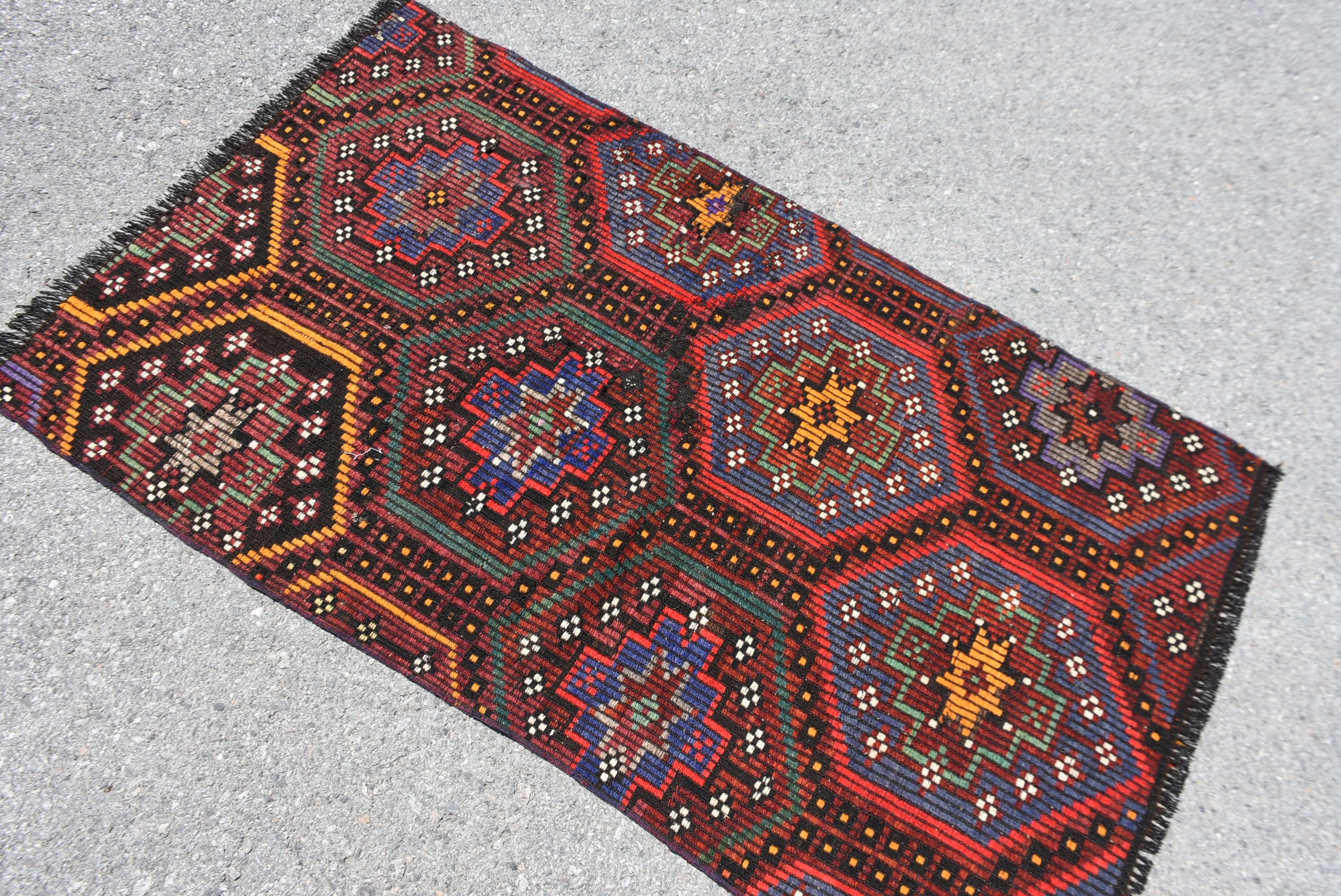 Kilim, Mutfak Halıları, 3x5.1 ft Accent Halı, Yatak Odası Halıları, Türk Halısı, Kırmızı Ev Dekor Halıları, Ev Dekor Halısı, Çocuk Halıları, Vintage Halılar