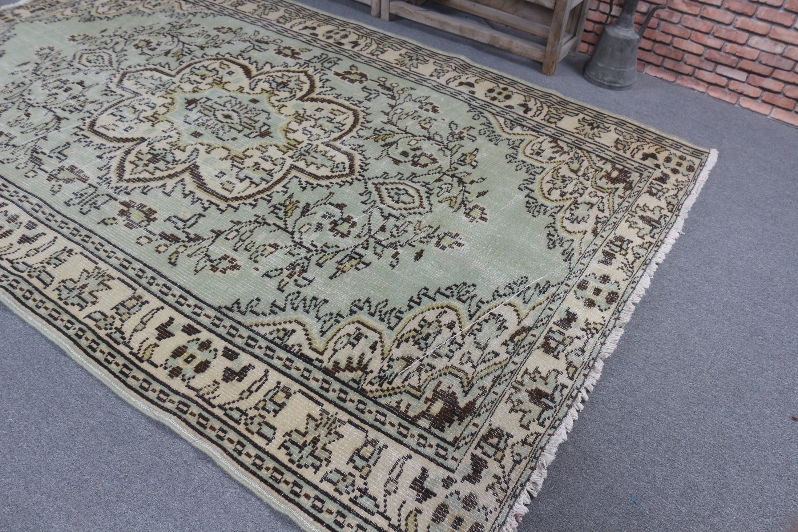 Türk Halıları, Oushak Halıları, Yatak Odası Halısı, 5.8x9 ft Büyük Halılar, El Dokuma Halıları, Oturma Odası Halısı, Yeşil Düz Dokuma Halı, Yün Halı, Vintage Halı