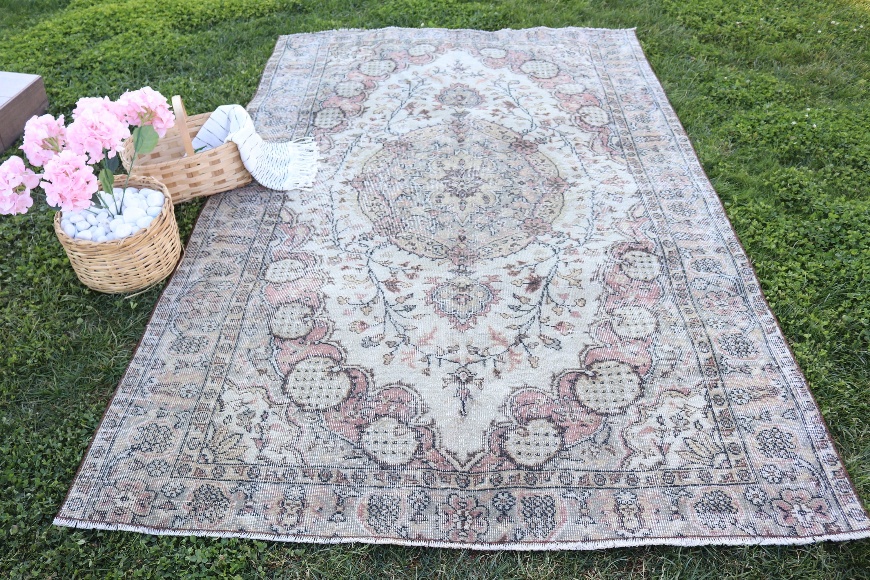 Oturma Odası Halısı, 5.4x8.5 ft Büyük Halı, Bej Yün Halı, Açıklama Halısı, Salon Halıları, Vintage Halılar, Nötr Halı, Salon Halıları, Türk Halısı