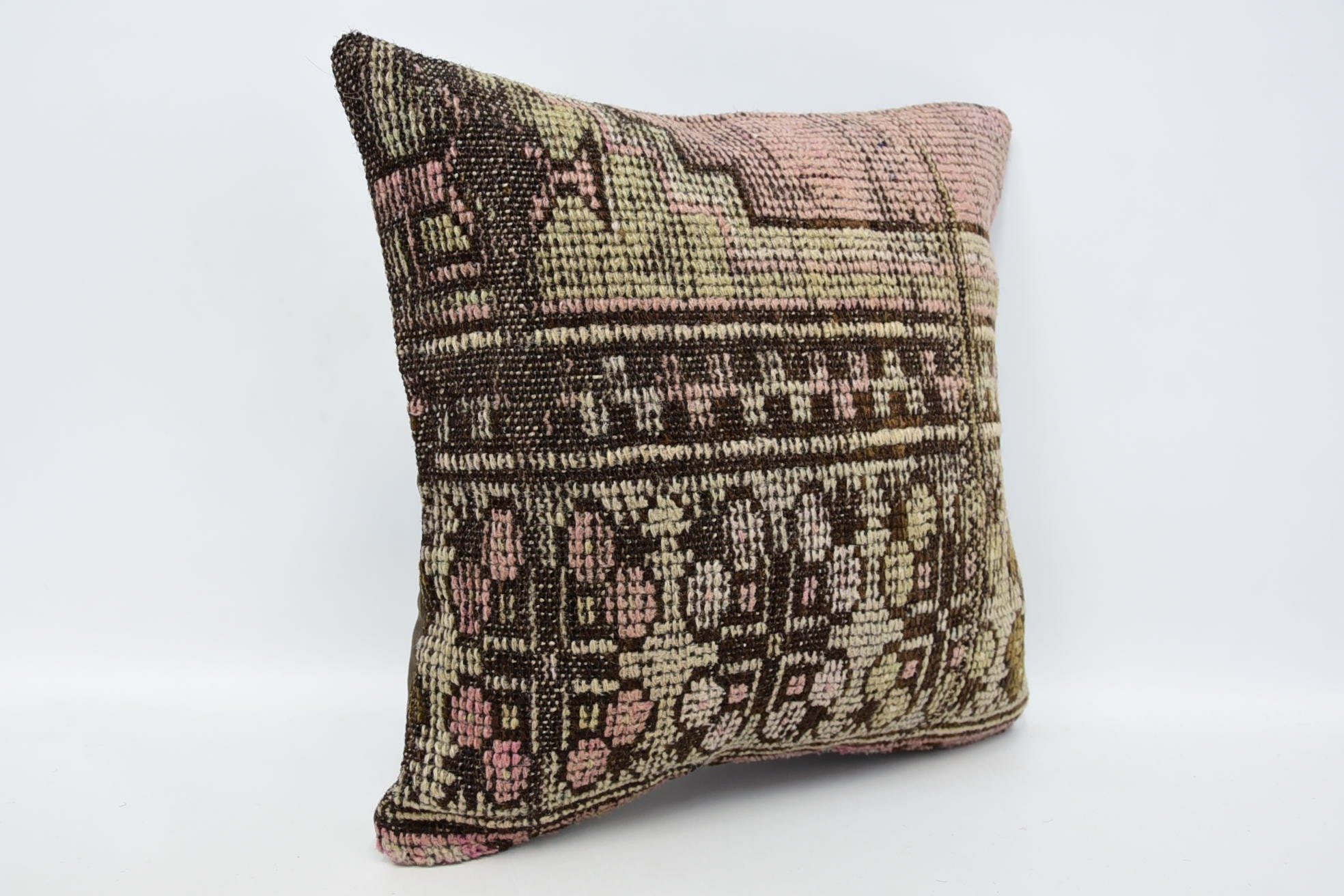 16"x16" Brown Cushion Case, Turkish Pillow, Kilim Pillow, Square Throw Pillow Cover, Boho Pillow Sham Cover, Patio Cushion Cover