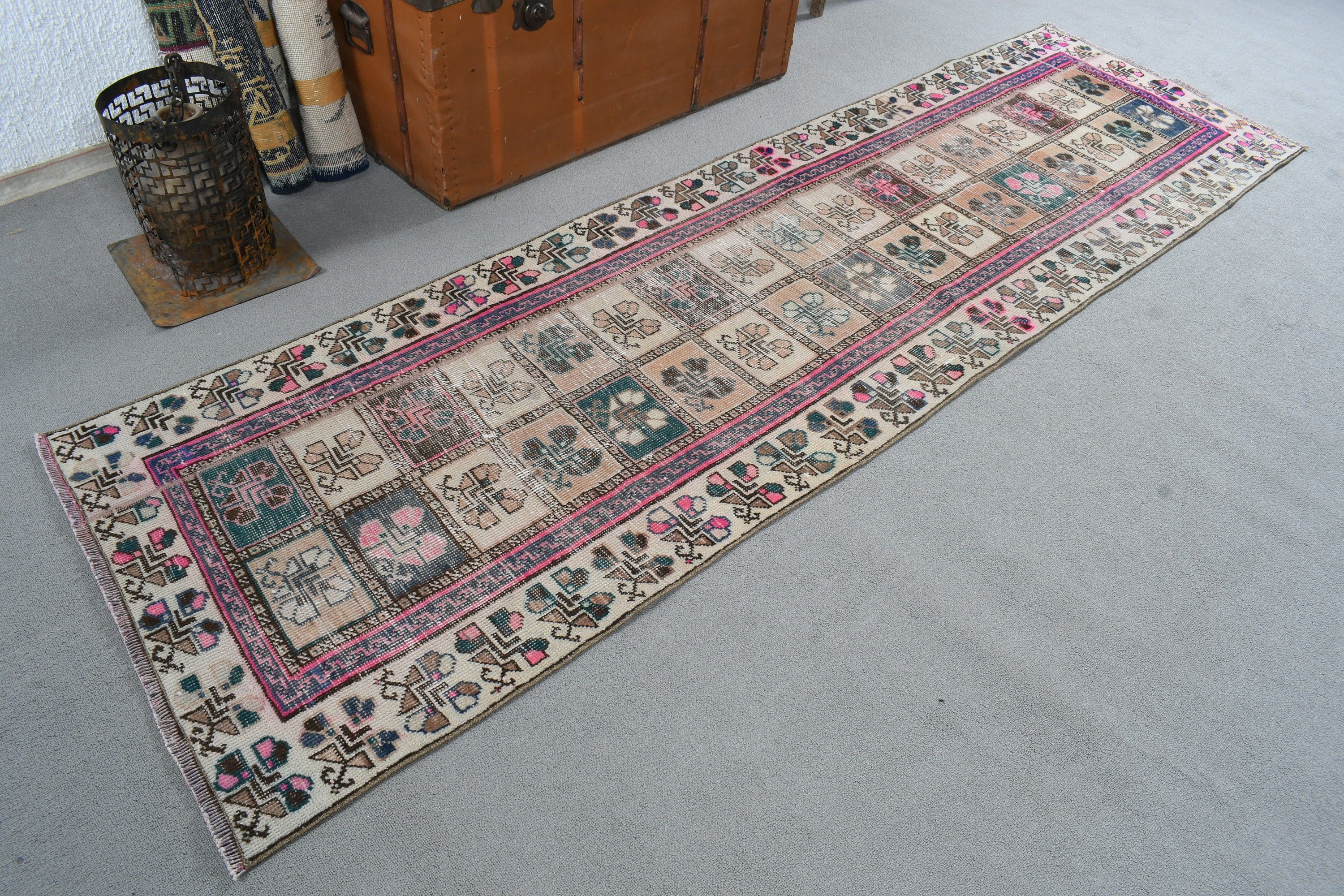 Lüks Halı, Mutfak Halısı, Oushak Halısı, Soğuk Halı, Bej 2,5x8,7 ft Runner Halısı, Vintage Runner Halıları, Vintage Halı, Türk Halısı