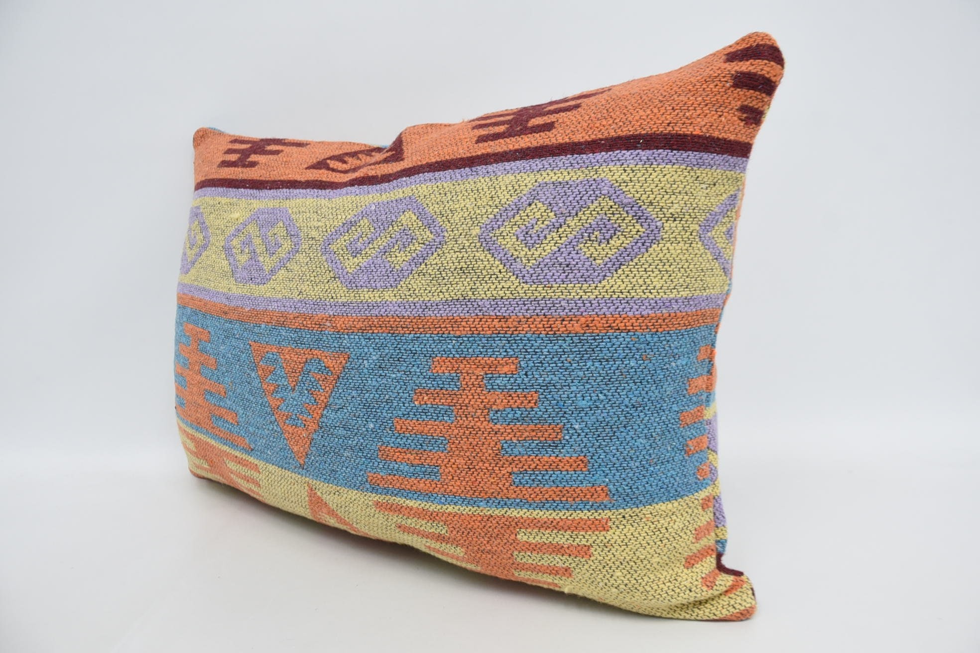 Pillow for Couch, Vintage Kilim Throw Pillow, Anatolian Pillow Case, Ethnical Kilim Rug Pillow, 16"x24" Blue Cushion Case