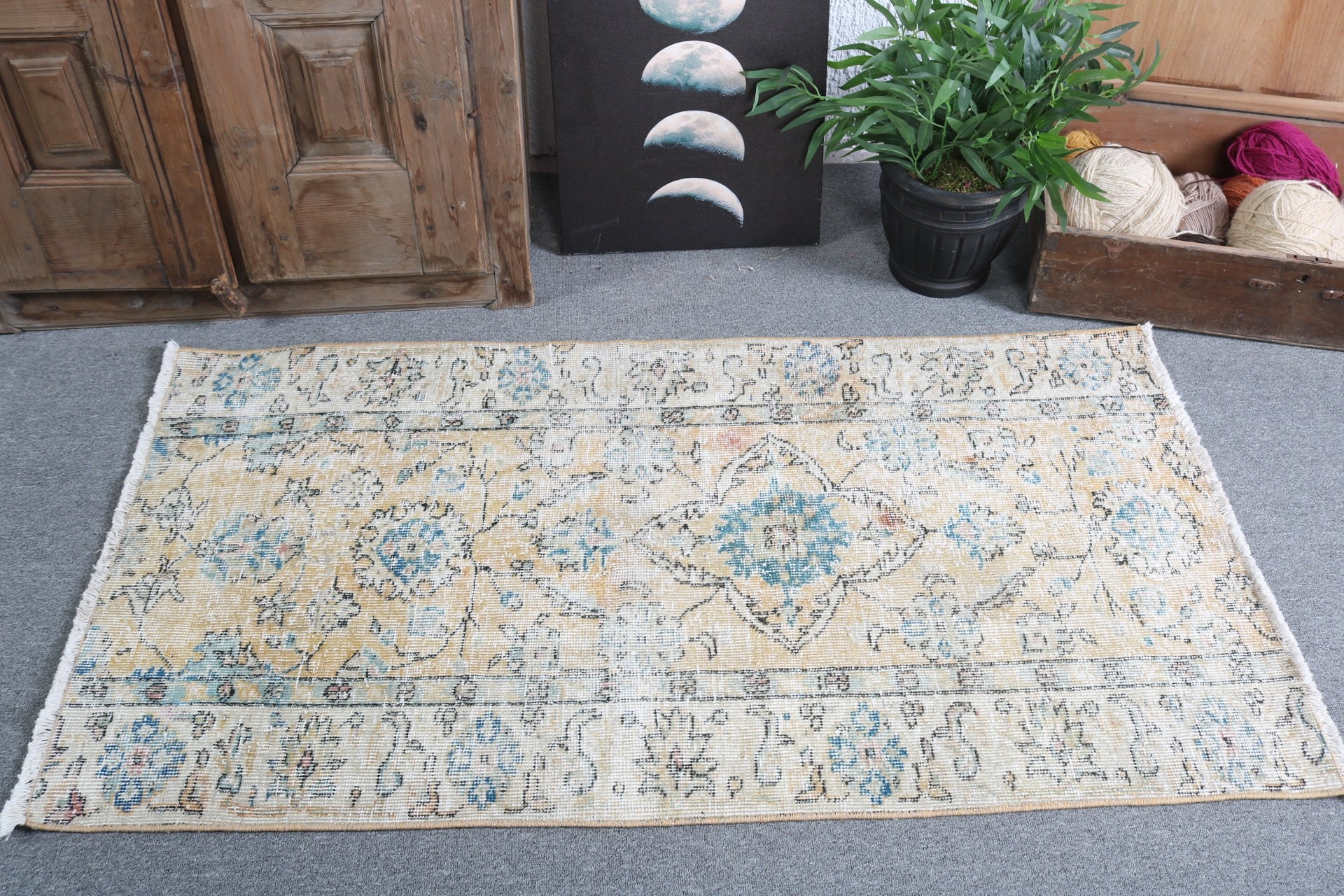 2.5x4.6 ft Small Rug, Luxury Rug, Floor Rug, Bathroom Rugs, Small Boho Rug, Yellow Cool Rug, Turkish Rug, Vintage Rugs, Bath Mat Boho Rug