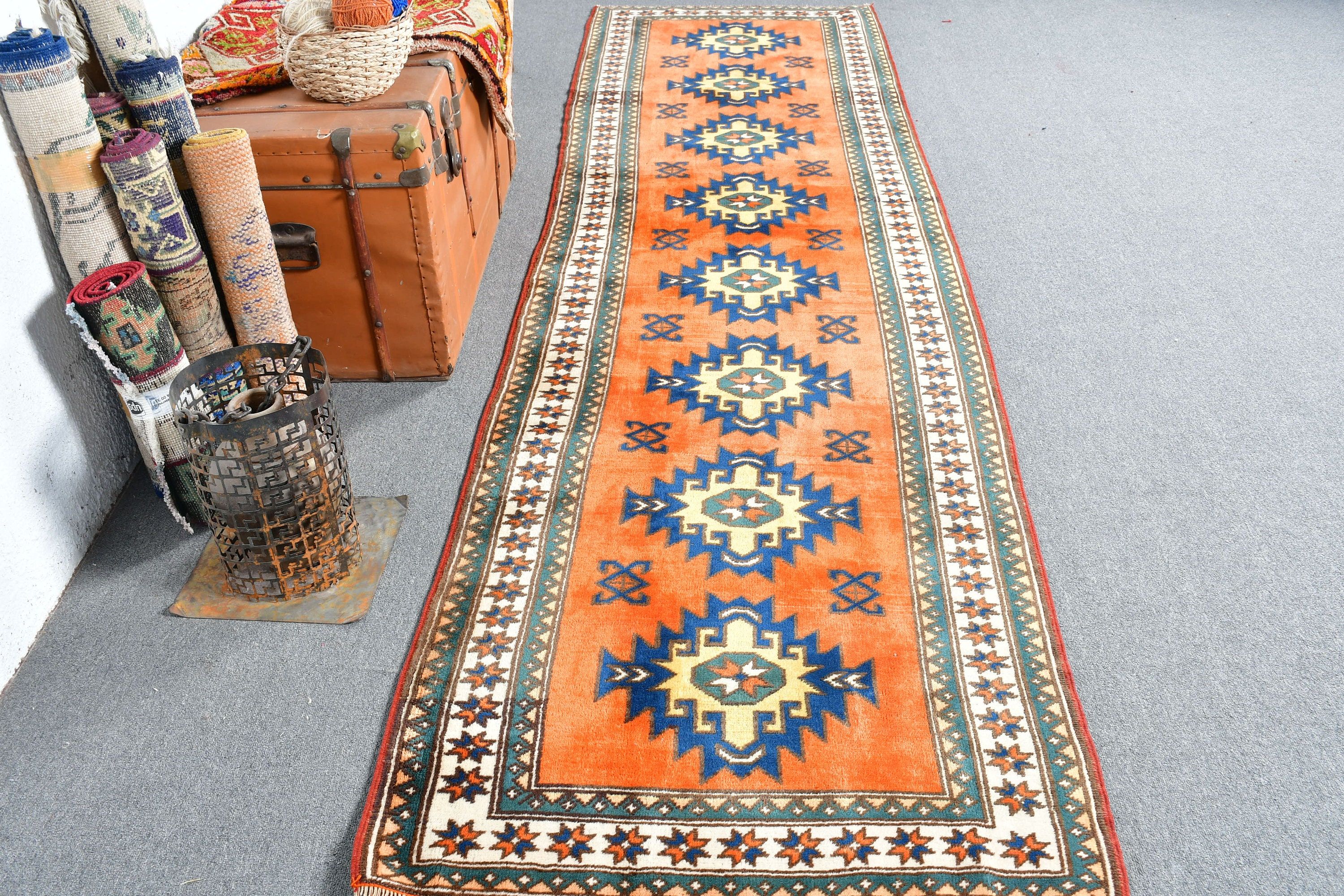 Moroccan Rug, Organic Rug, Turkish Rug, Orange Floor Rugs, Vintage Rugs, Kitchen Rug, Rugs for Kitchen, 3.1x11 ft Runner Rugs, Stair Rug