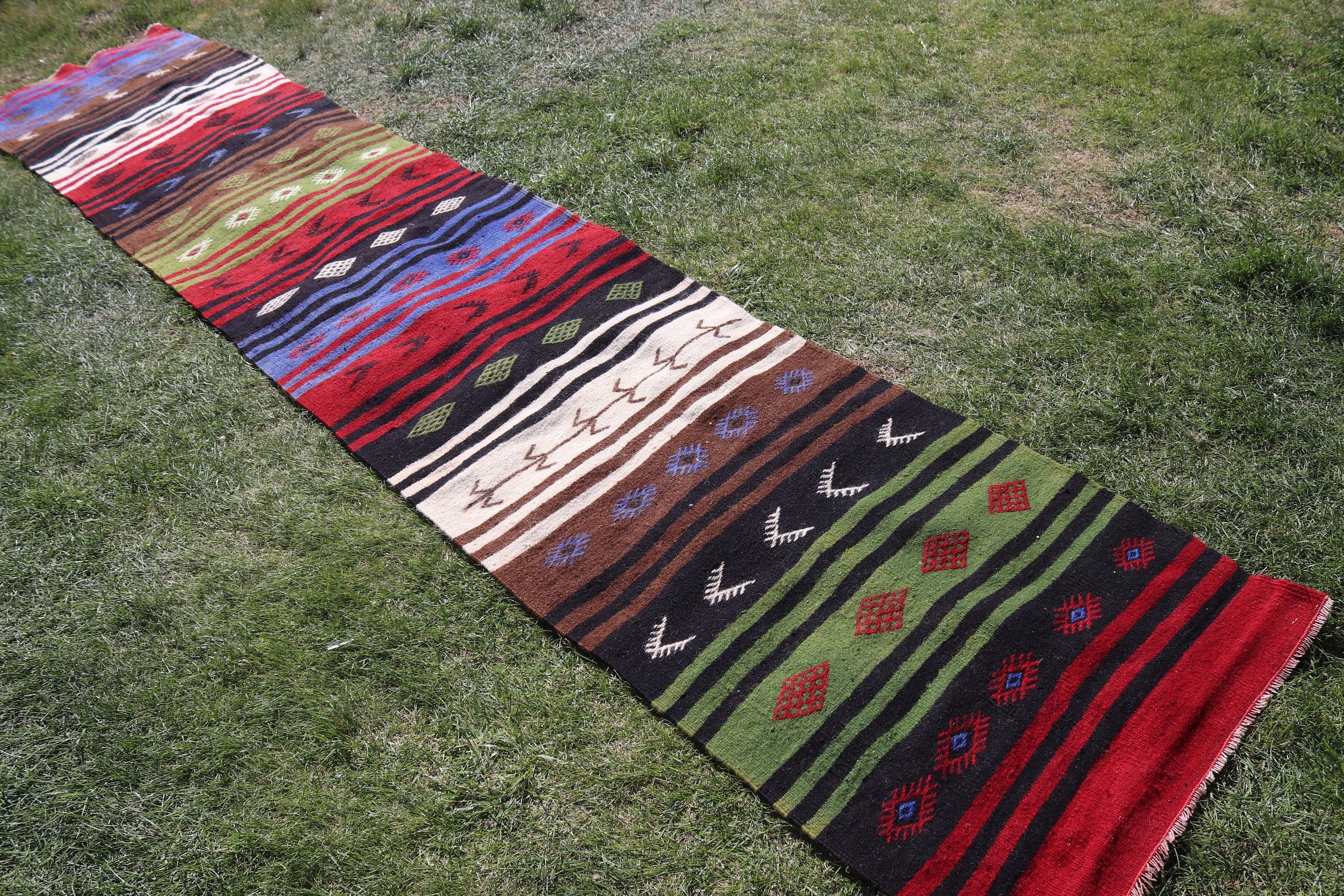 Turkish Rug, Kilim, Wool Rugs, Green Boho Rugs, Vintage Rugs, Outdoor Rugs, Long Runner Rug, 2.4x12.2 ft Runner Rug