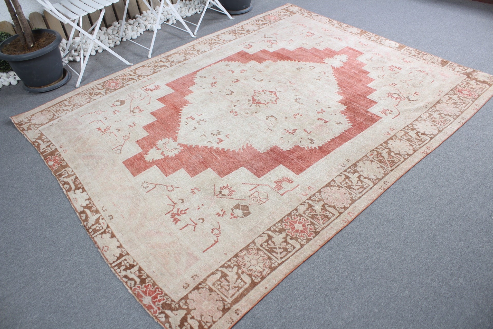 Antika Halı, Vintage Halı, Yemek Odası Halısı, Oturma Odası Halısı, Türk Halısı, Göçebe Halısı, 6.4x8.3 ft Büyük Halı, Bej Yatak Odası Halısı, Oushak Halısı