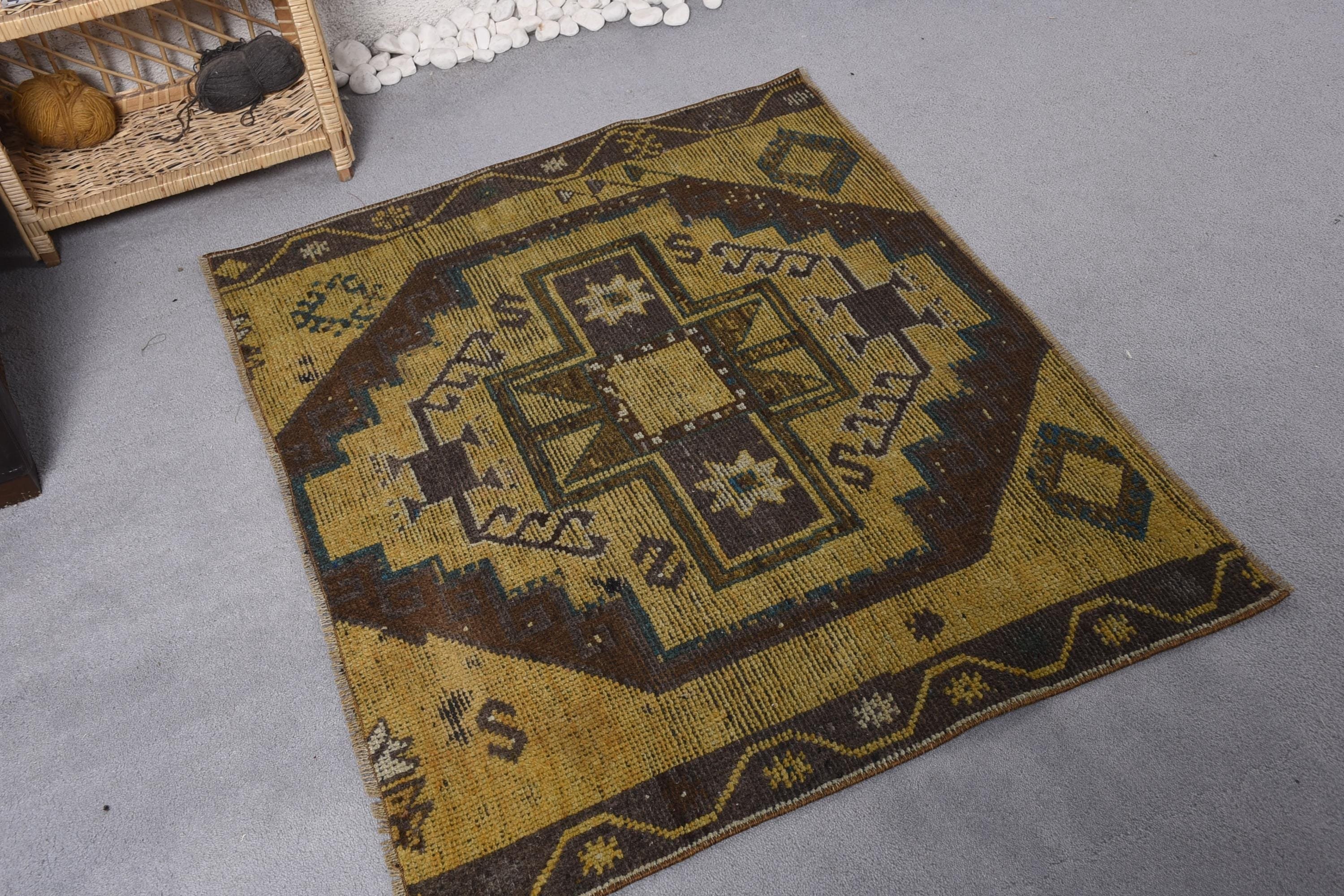 Küçük Boho Halı, Geometrik Halılar, Ev Dekorasyonu Halıları, Sarı Yün Halı, Küçük Alan Halısı, 3,9x3,2 ft Küçük Halı, Vintage Halılar, Türk Halıları