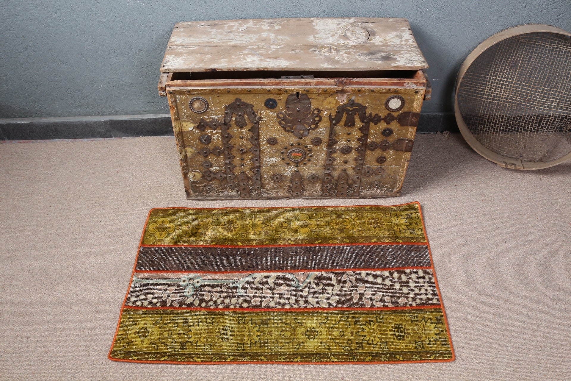 Yellow Antique Rug, Vintage Rugs, 2x3.2 ft Small Rug, Bathroom Rugs, Floor Rugs, Oriental Rug, Turkish Rugs, Kitchen Rug, Bedroom Rug