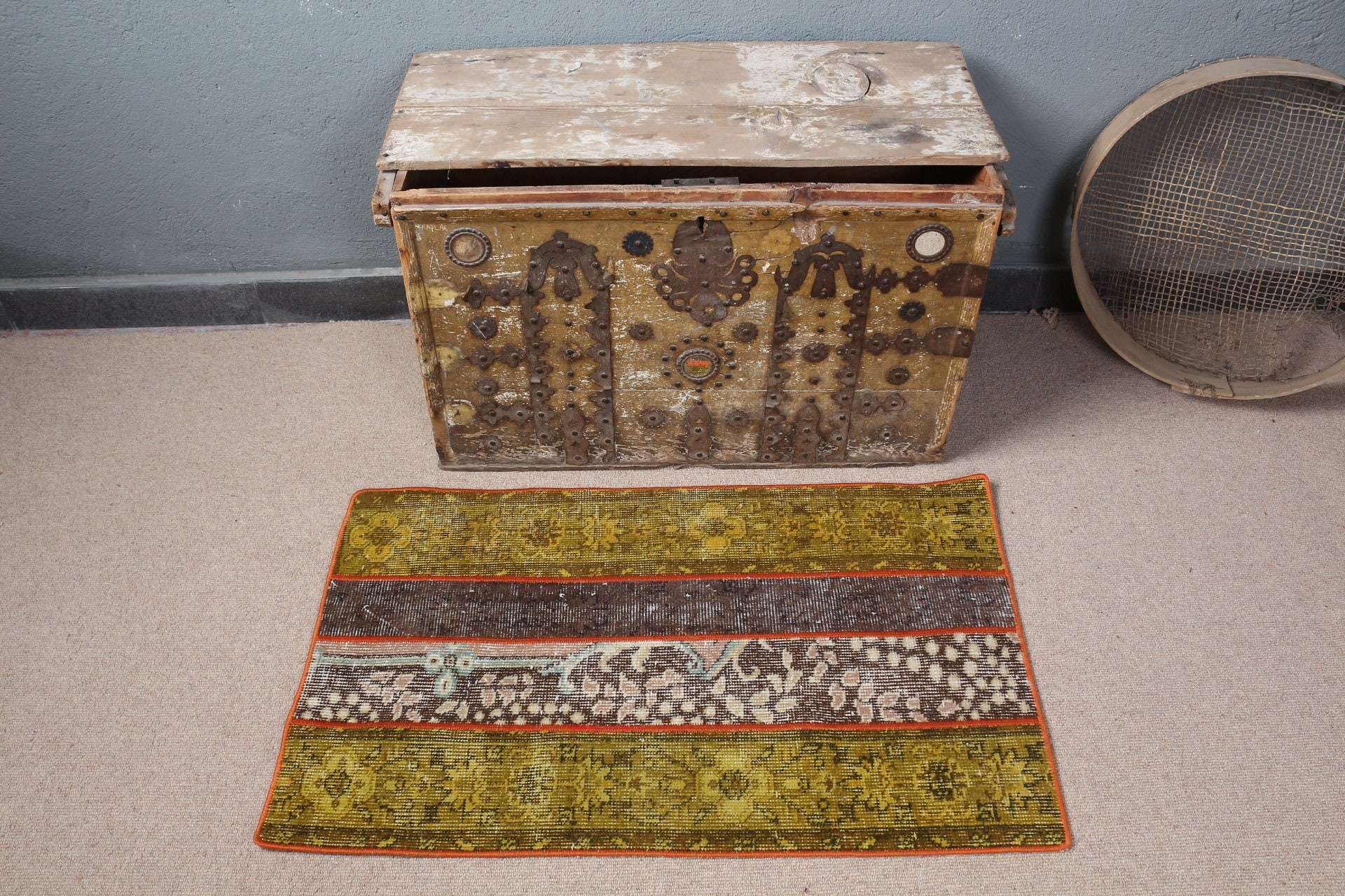 Sarı Antika Halı, Vintage Halılar, 2x3,2 ft Küçük Halı, Banyo Halıları, Yer Halıları, Oryantal Halı, Türk Halıları, Mutfak Halısı, Yatak Odası Halısı