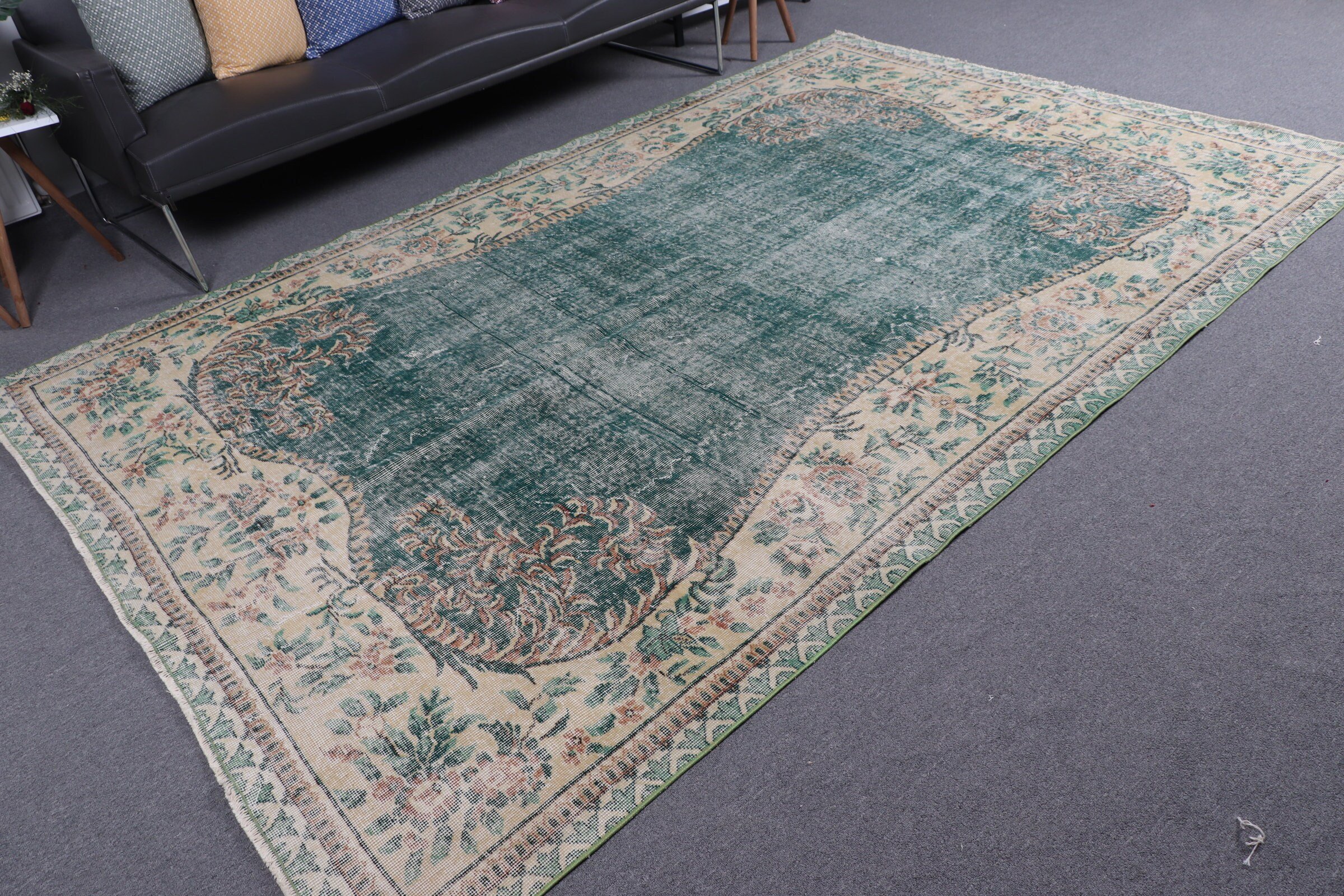 Living Room Rugs, Boho Rug, Green Floor Rug, Wool Rug, Rugs for Salon, Vintage Rug, Cool Rug, Salon Rug, 6.7x10.2 ft Large Rug, Turkish Rug