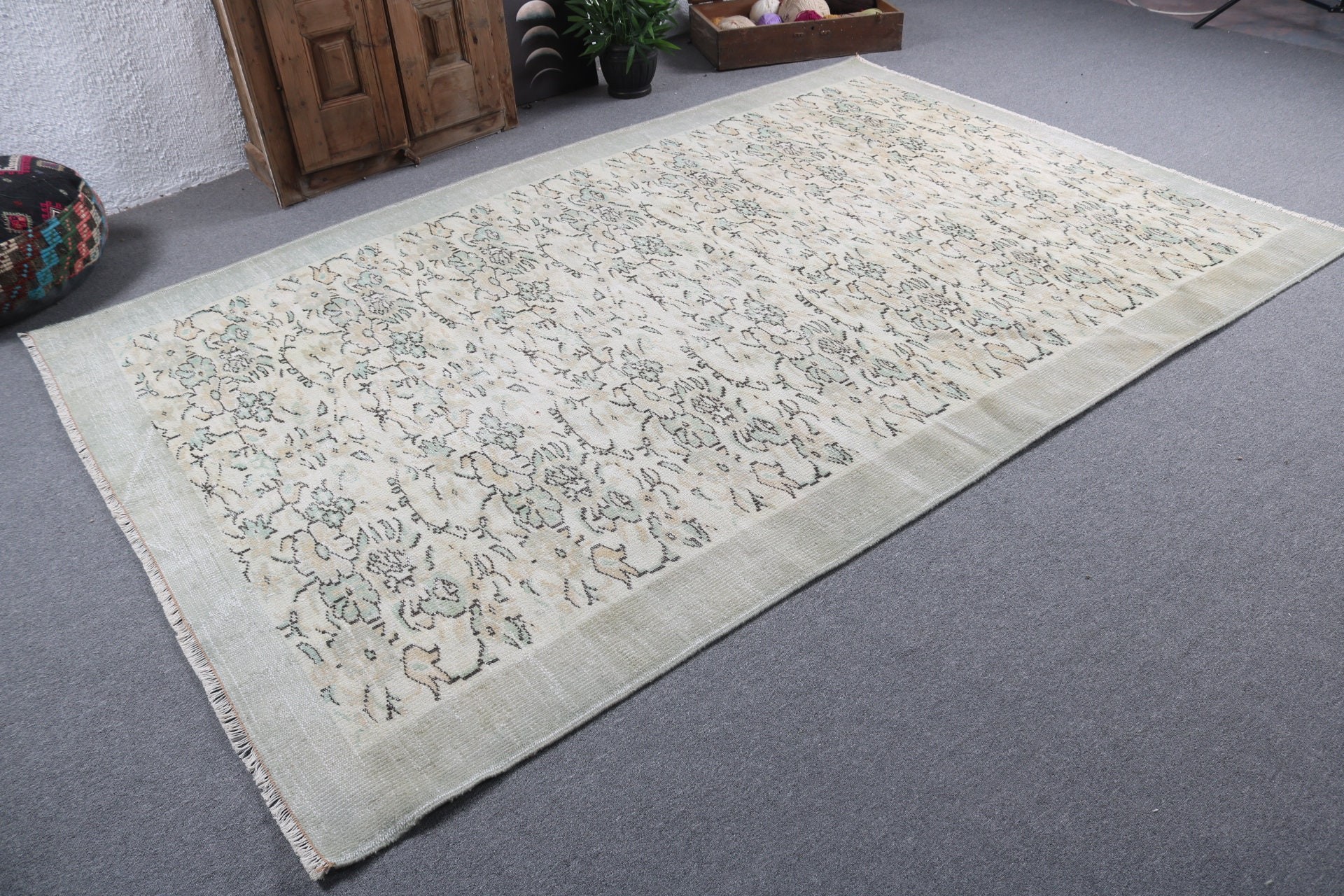 Floor Rug, Vintage Rug, Turkish Rug, Moroccan Rugs, 6.4x9.5 ft Large Rug, Salon Rugs, Green Statement Rug, Luxury Rug, Large Boho Rugs