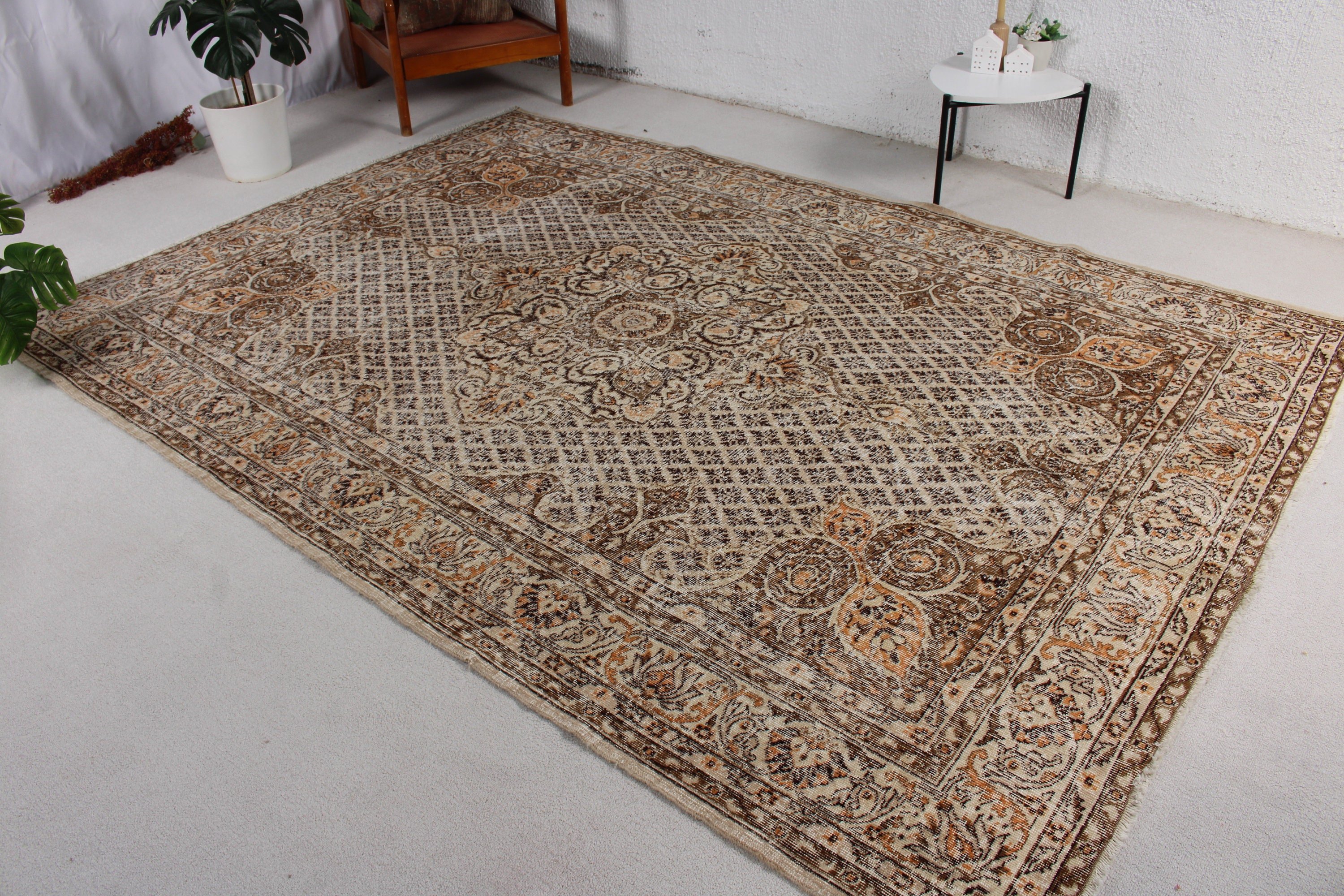 Vintage Halı, El Dokuma Halılar, 6.9x9.6 ft Büyük Halı, Bej Lüks Halı, Oryantal Halılar, Aztek Halıları, Yemek Odası Halısı, Salon Halısı, Türk Halıları