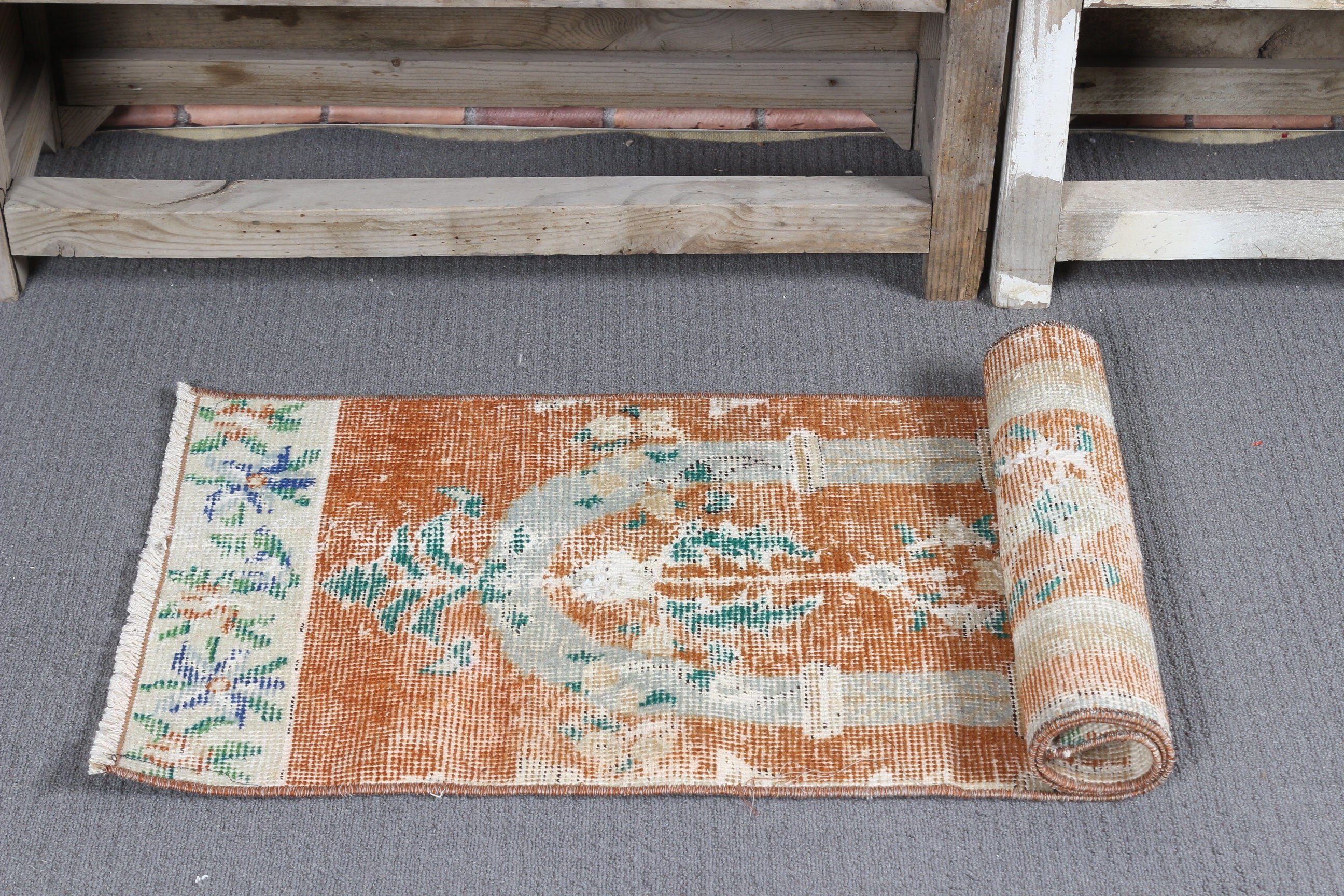 Turkish Rug, Bathroom Rugs, Wall Hanging Rugs, Floor Rug, 1.3x3.9 ft Small Rug, Oriental Rugs, Pale Rugs, Vintage Rug, Orange Oriental Rug