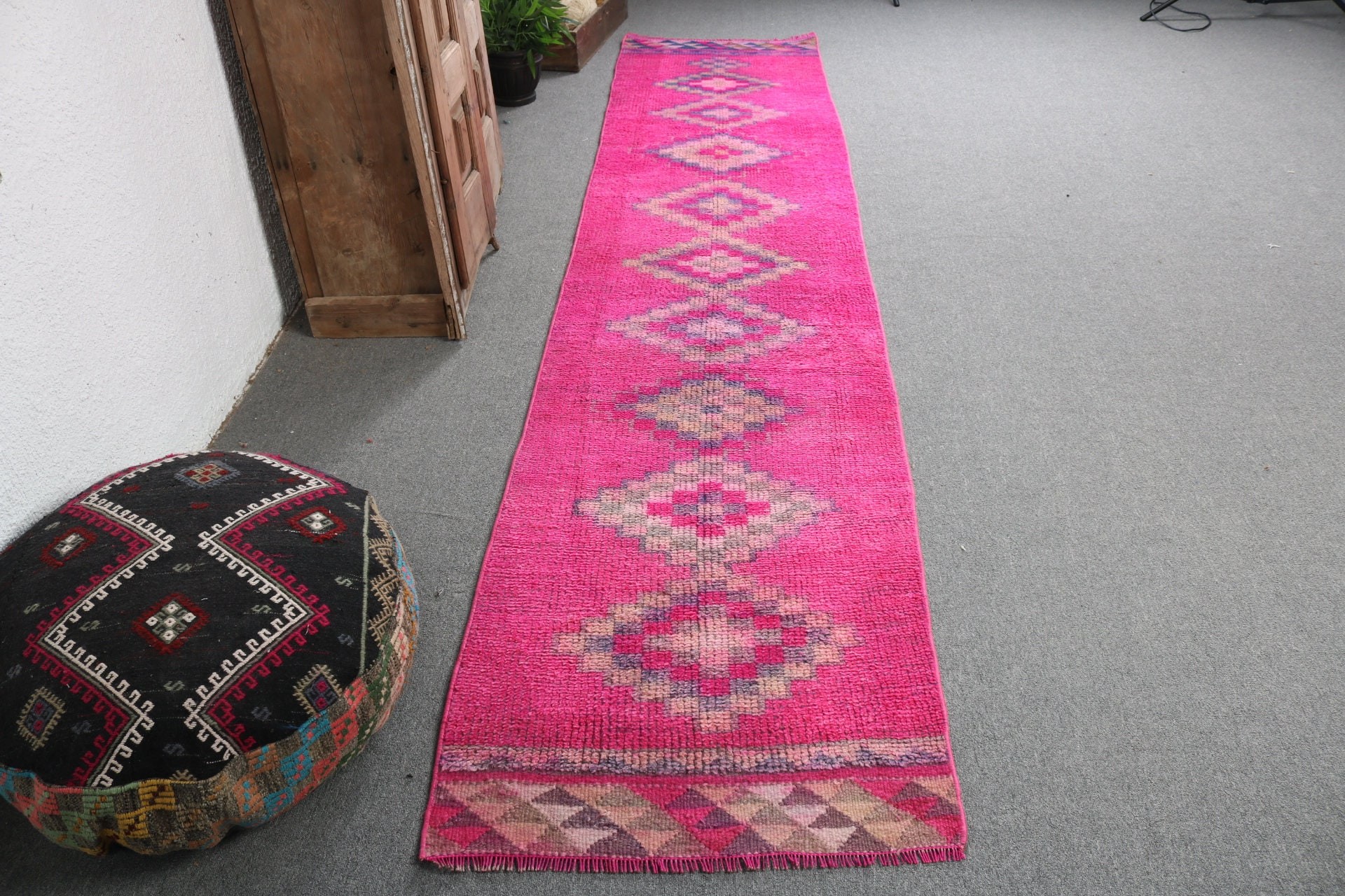 Vintage Halı, 2.5x11.5 ft Runner Halı, Türk Halıları, Düz Dokuma Halılar, Pembe Ev Dekor Halıları, Vintage Runner Halı, Koridor Halıları, Yer Halısı