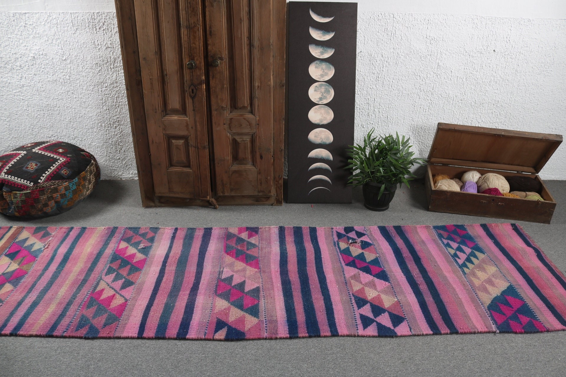 Antique Rug, Turkish Rugs, Rugs for Runner, Aesthetic Rugs, Stair Rugs, 2.7x10.2 ft Runner Rug, Pink Wool Rugs, Vintage Rug, Geometric Rug