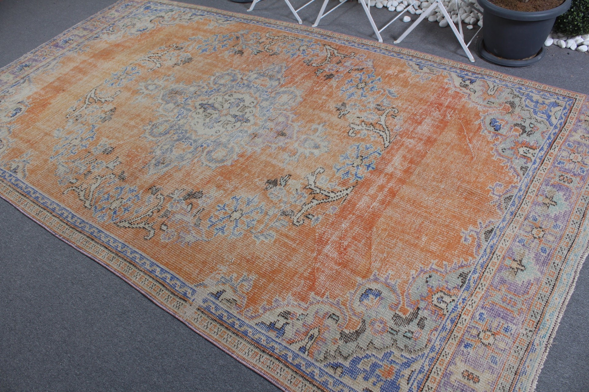 Turuncu Soğuk Halı, Vintage Halılar, Türk Halısı, Yer Halısı, Salon Halısı, 5.8x10.4 ft Büyük Halı, Yatak Odası Halısı, Yatak Odası Halıları, Oryantal Halı