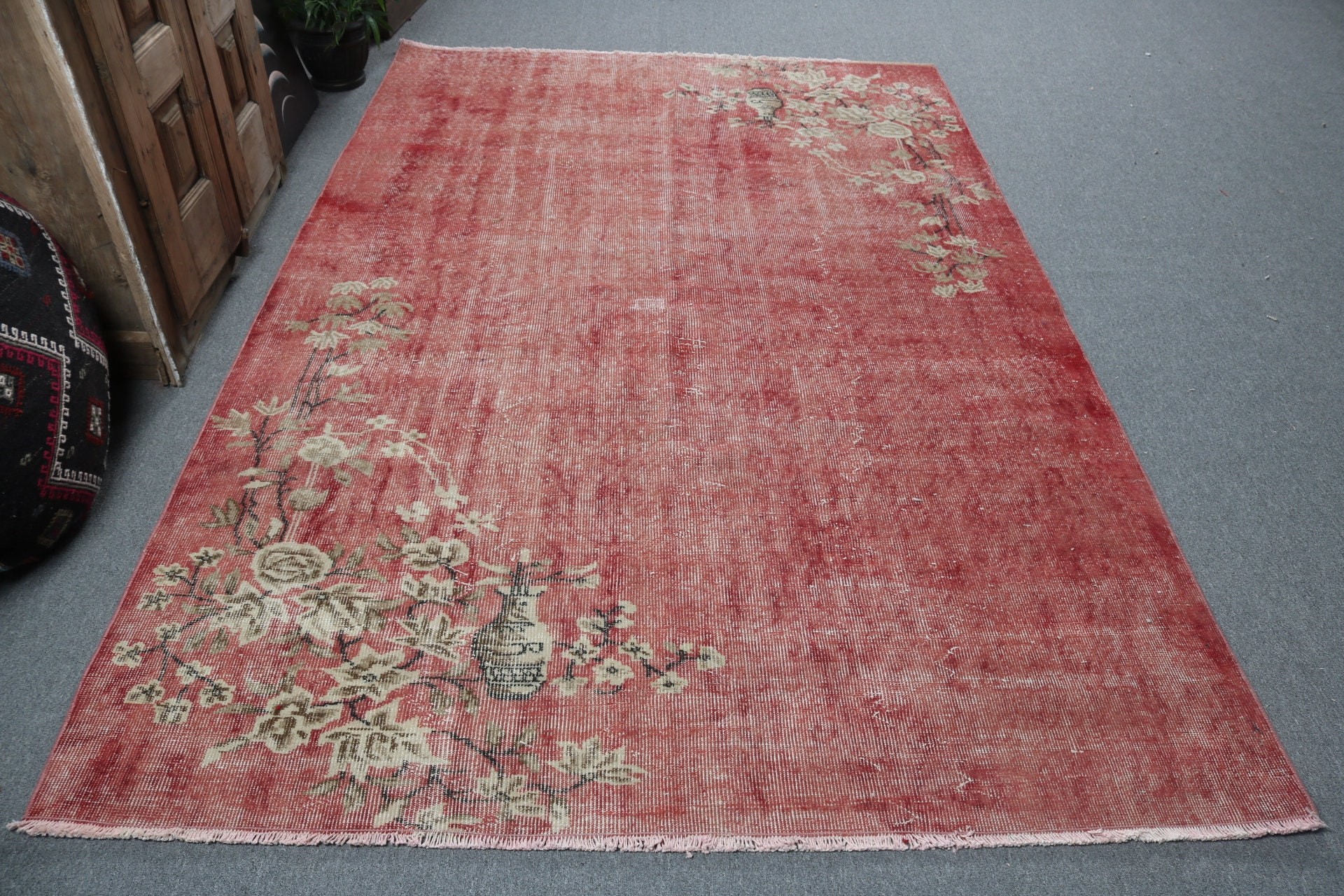 Oryantal Halı, Büyük Oushak Halı, Aztek Halısı, Kırmızı Açıklama Halısı, 5.8x8.5 ft Büyük Halı, Salon Halısı, Vintage Halılar, Türk Halıları